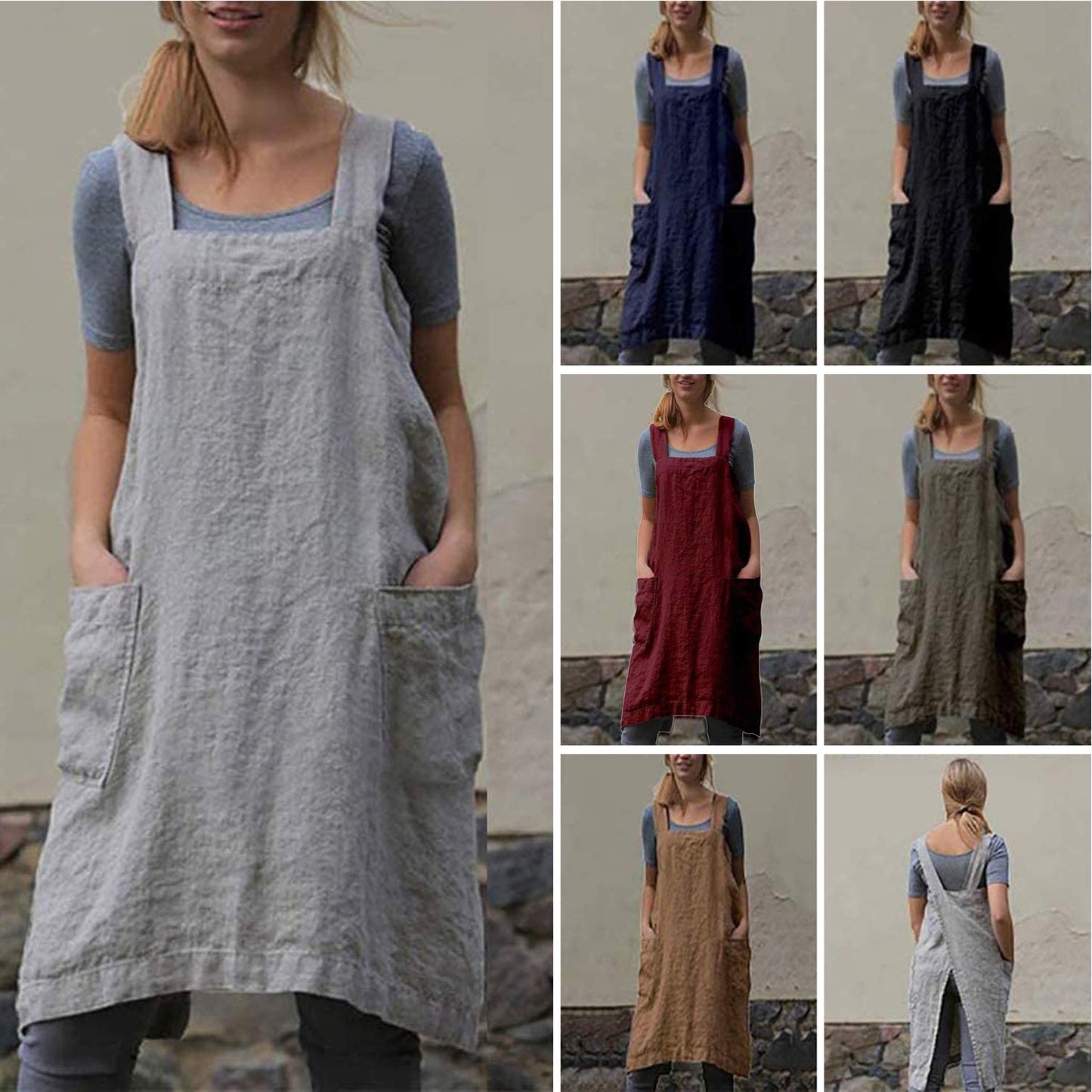 YESDOO Cotton Linen Apron Cross Back Apron for Women with Pockets Pinafore Dress for Baking Cooking