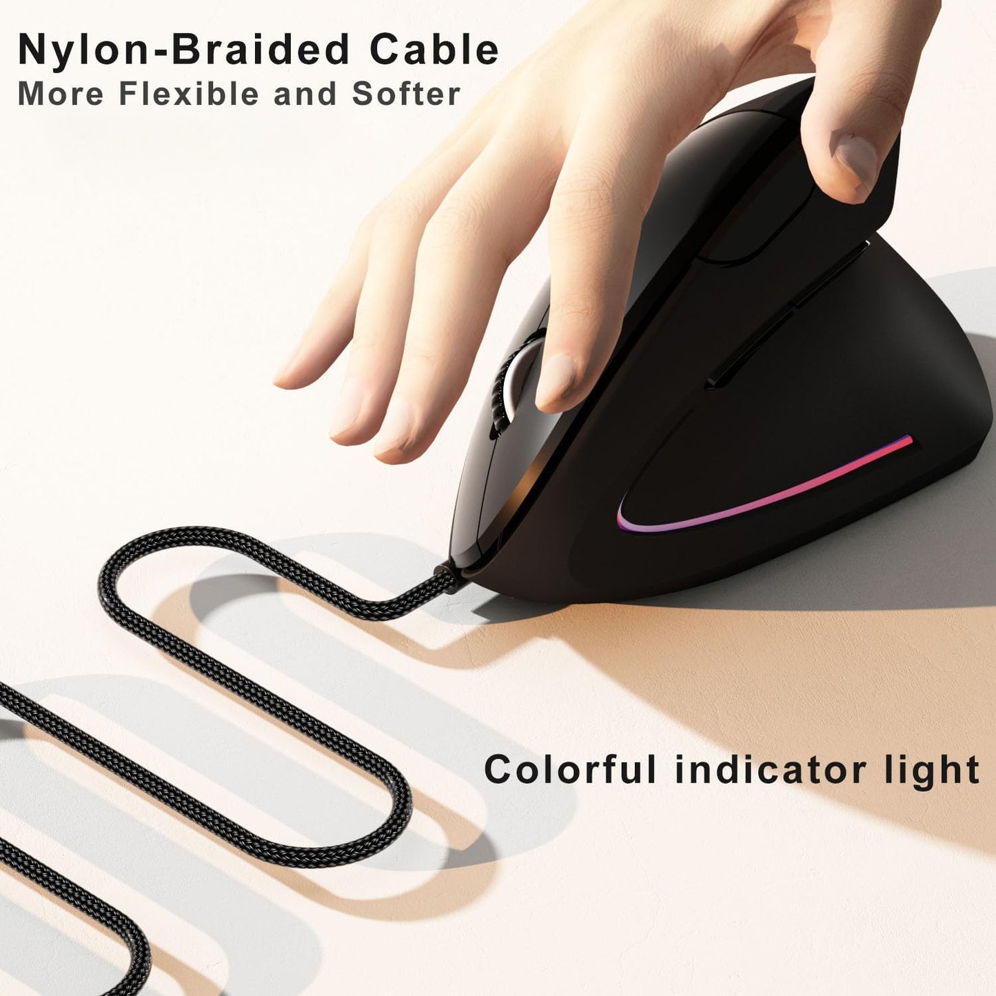 ROCK&ROWN Cable,6 Buttons,6400 Wired Ergonomic Mouse,Vertical Mouse with Nylon-Braided Adjustable DPI,Silent Mouse