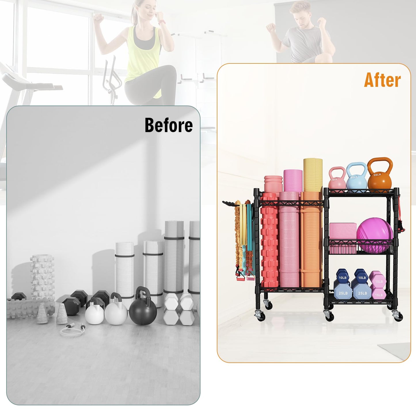 FUTASSI S2 Home Gym Storage, Rolling Yoga Mat Storage and Organizer, Sport Equipment Rack for Dumbbells, Kettlebells, Foam Rollers, Resistance Bands, 11.8" D x 36" W x 32.5" H, Black
