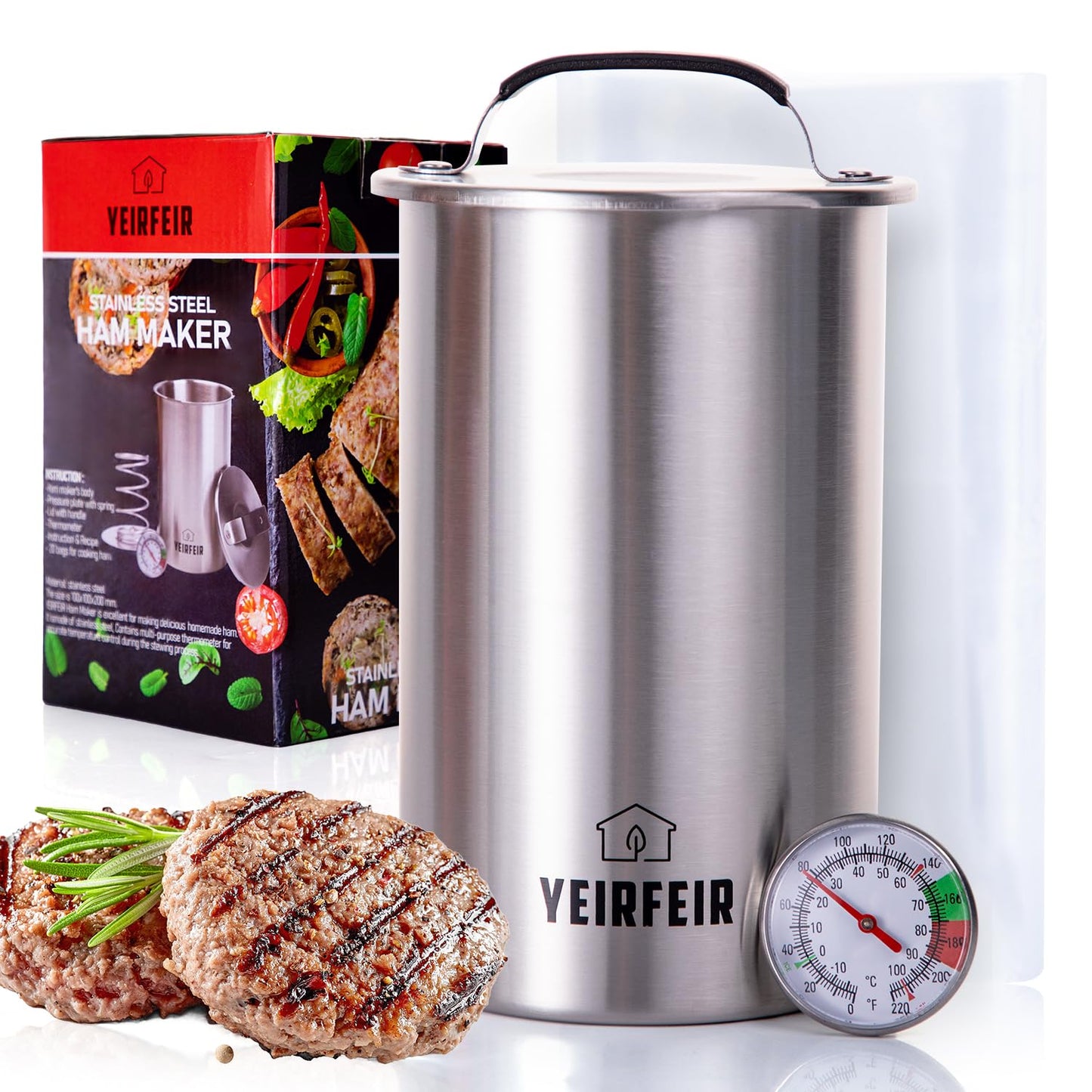 Ham Press with Large Dial Thermometer, 304 Stainless Steel Deli Meat Maker with Cool-Touch Handle for Homemade Healthy Lunch Meat, Includes 20 Cooking Bags & Recipes - YEIRFEIR
