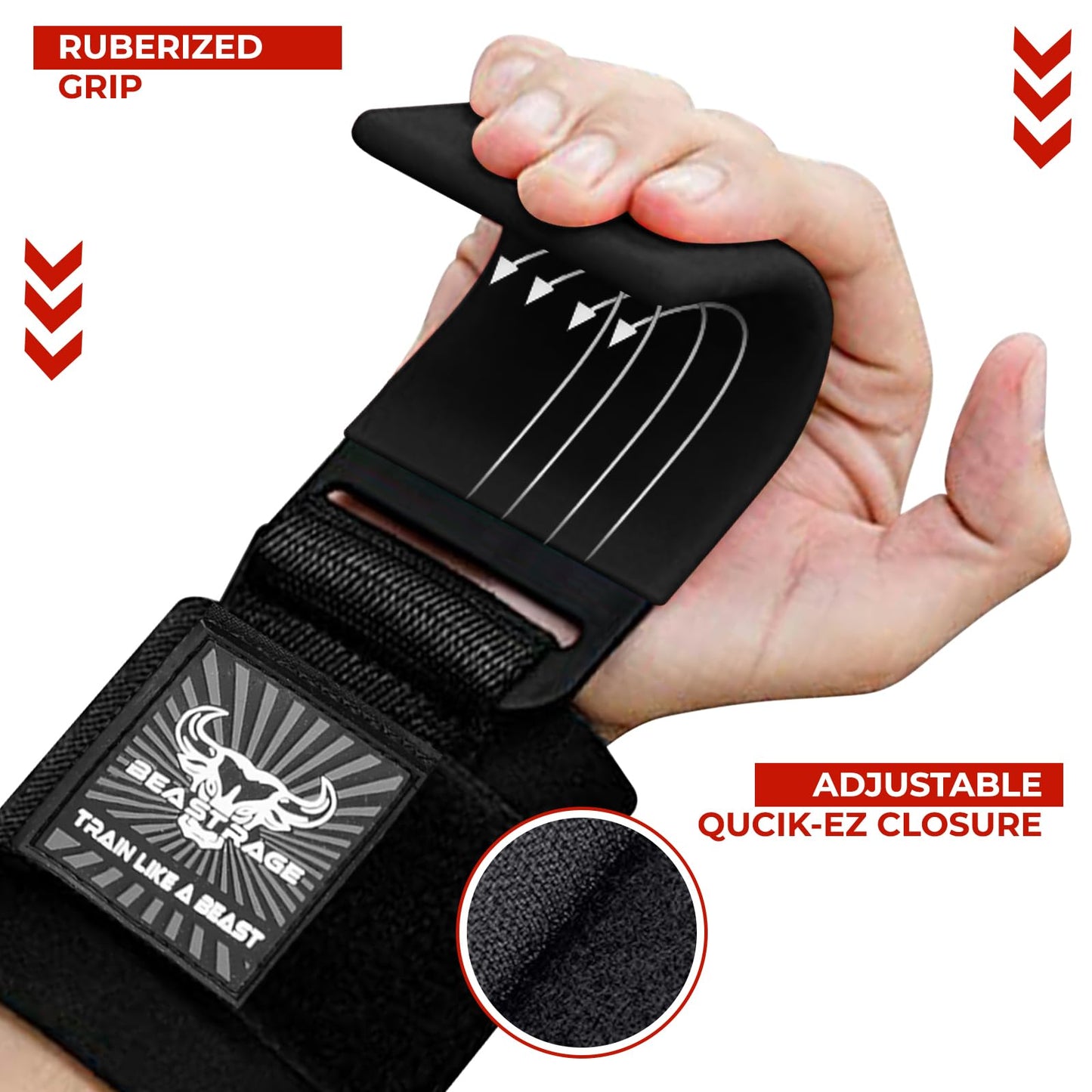 BEAST RAGE Workout Hooks for Men, Durable Coated Grip Gym Straps for Weightlifting Wrist Wraps Training Weight Lifting Strength Fitness Bodybuilding Anti Slip Women Hook Exercise (Black)