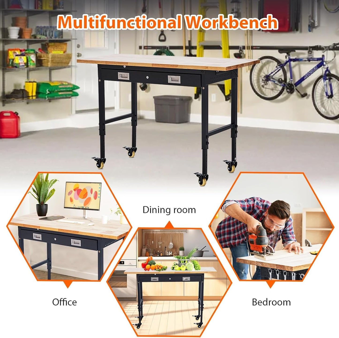 60 x 22 Workbench, Heavy Duty Adjustable Height Worktable with Rubber Wood Top, 2000 LBS Load Capacity, Tool Storage Station with Drawer, Power Outlets and Lockable Wheels, for Warehouse