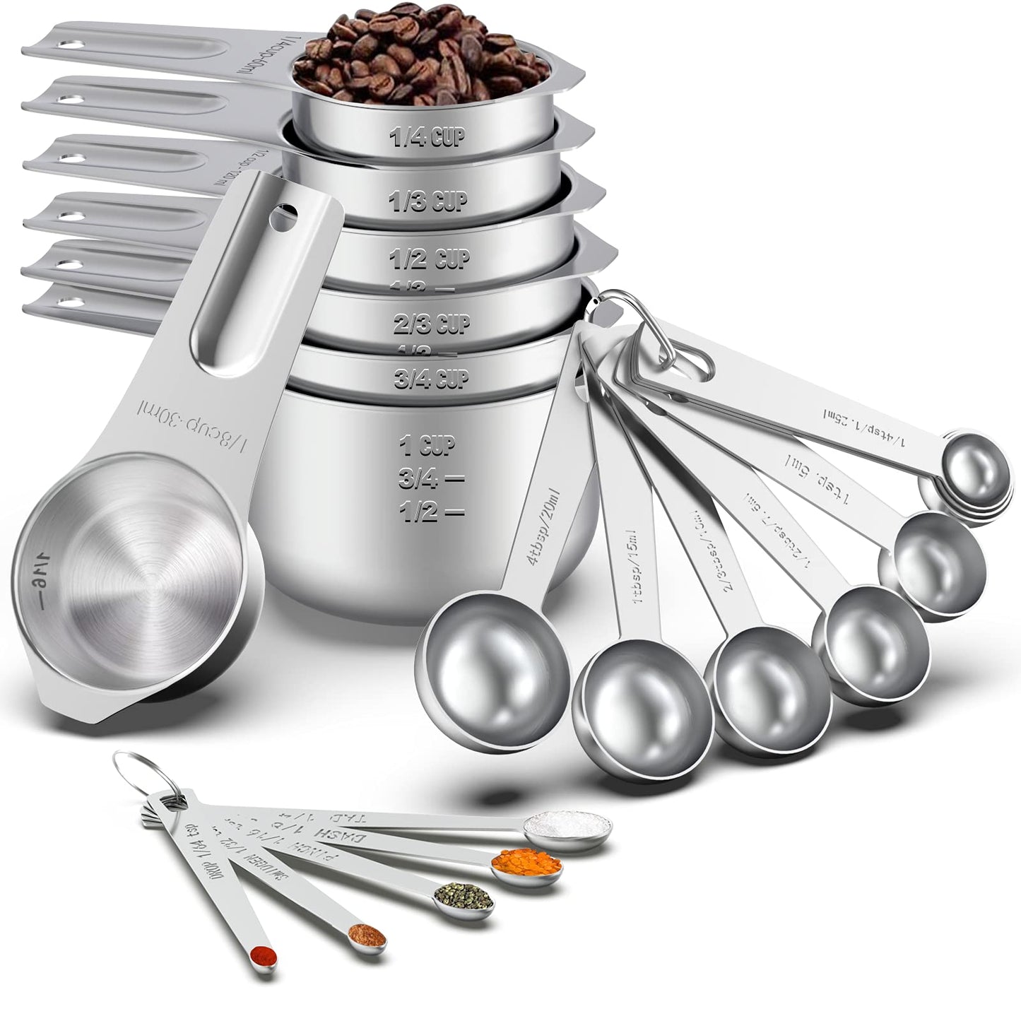 21 Pcs Stainless Steel Measuring Cups and Spoons Set, Wildone Stackable Metal Measuring Cups and Spoons for Cooking & Baking, Includes 7 Cups, 9 Spoons and 5 Mini Spoons
