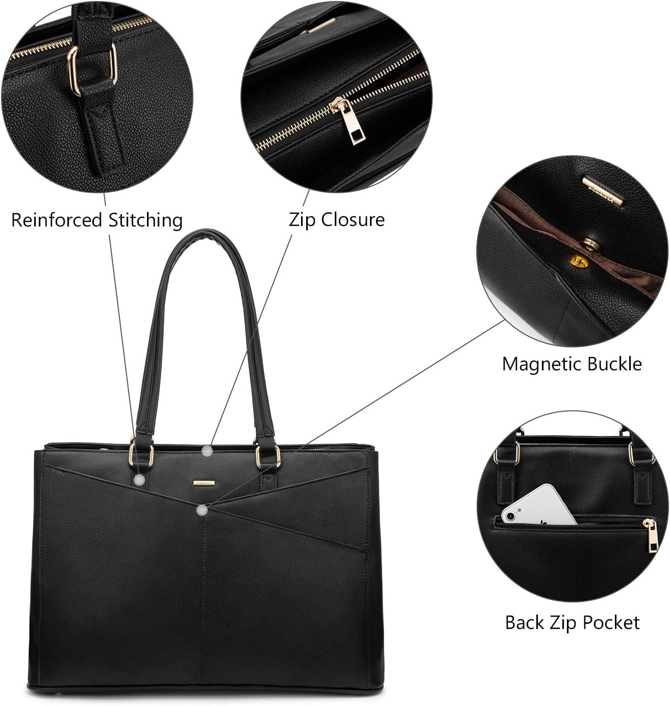 LOVEVOOK 15.6 Inch Laptop Tote Bag for Women Waterproof Leather Computer Bags Business Office Work Briefcase Black