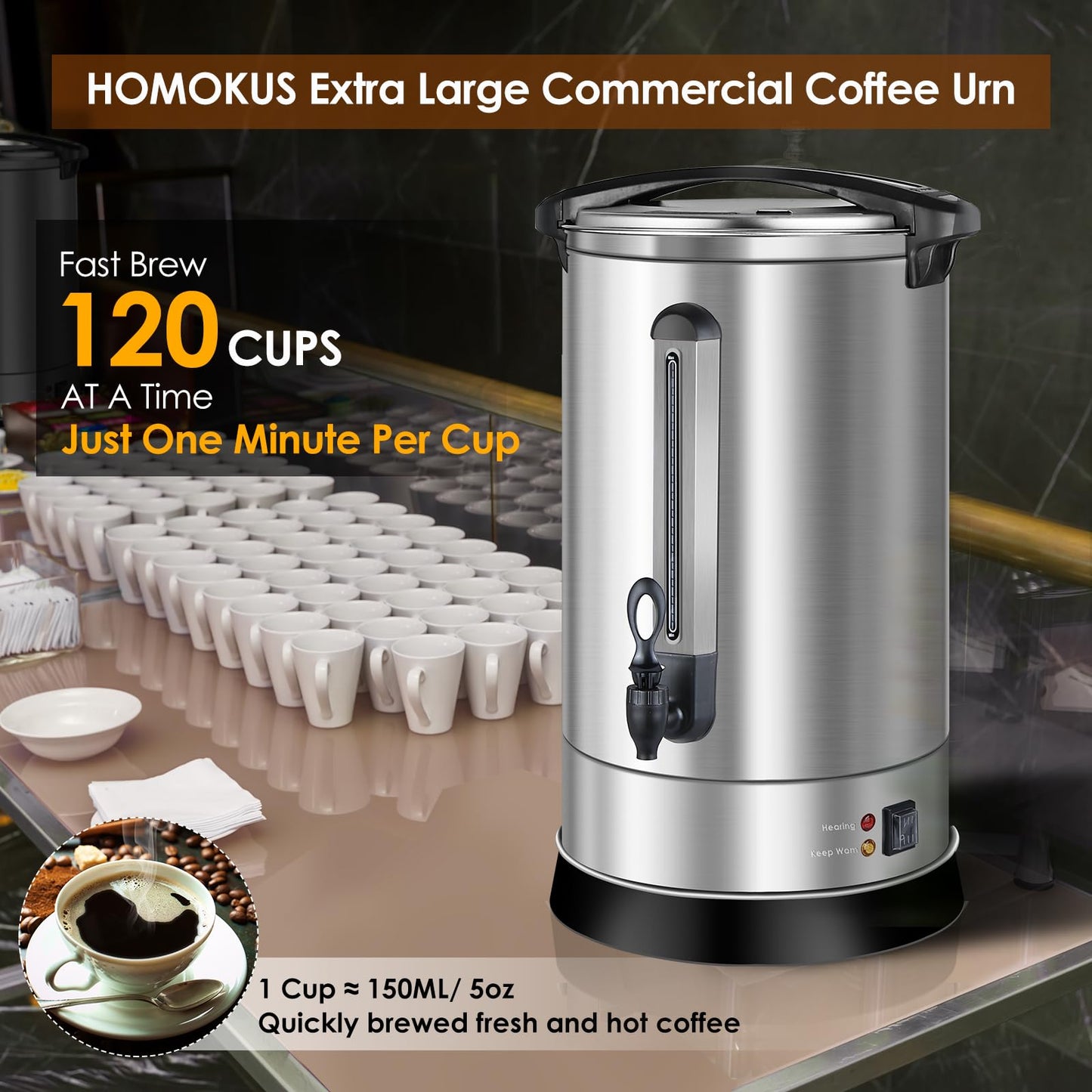 HOMOKUS Commercial Coffee Urn, 120 Cup Extra Large Hot Water Urn, 18L Silver Double Wall Stainless Steel Large Coffee Urns, 1500W Quick Brew Commercial Coffee Percolator Electric for Gatherings