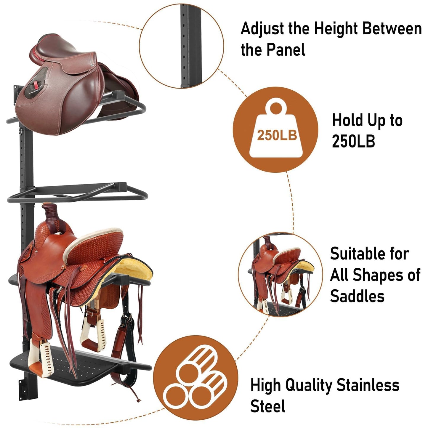 Sidasu 4 Tier Saddle Rack Wall Mount,Heavy Duty Horse Tack Storage for Western and English Saddles - Supports to 250LB, Holds Tack, Pad, Accessories etc for Horses