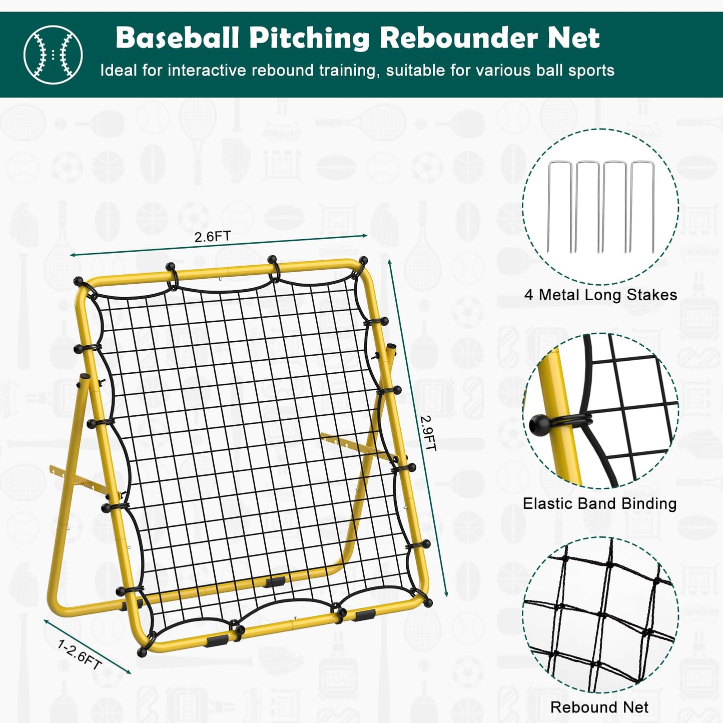 LIANTRAL Baseball Rebounder Net, Adjustable Bounce Back Trainer for Soccer, Volleyball, Softball, Portable Folding Rebounder for Passing & Shooting Practice, Volleyball Rebound Net for Kids, Yellow