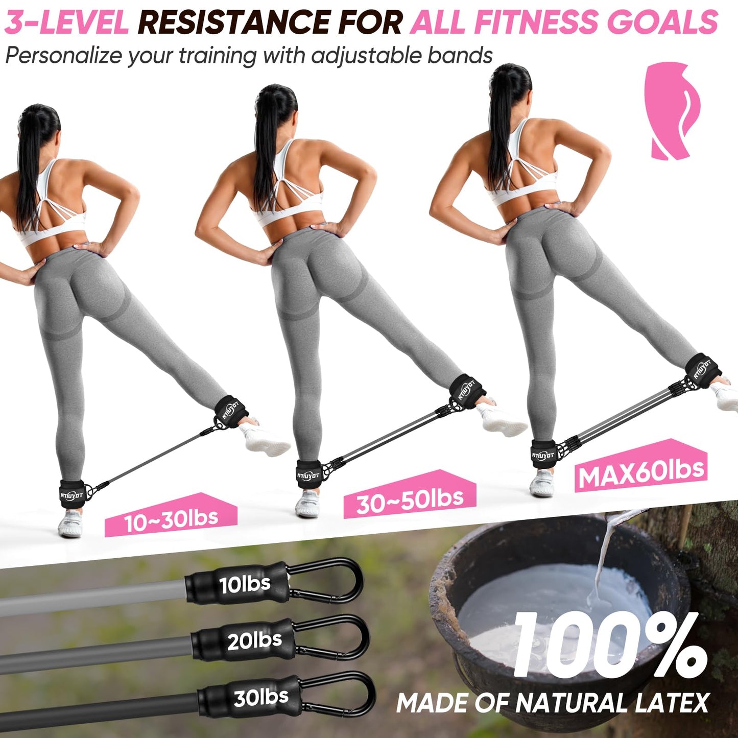 NTIUYOT Ankle Resistance Bands with Cuffs, Workout Sets for Women, Resistance Bands for Working Out, Resistance Band for Leg, Workout Equipment, Home Gym Exercise Bands for Butt Lift Leg Training
