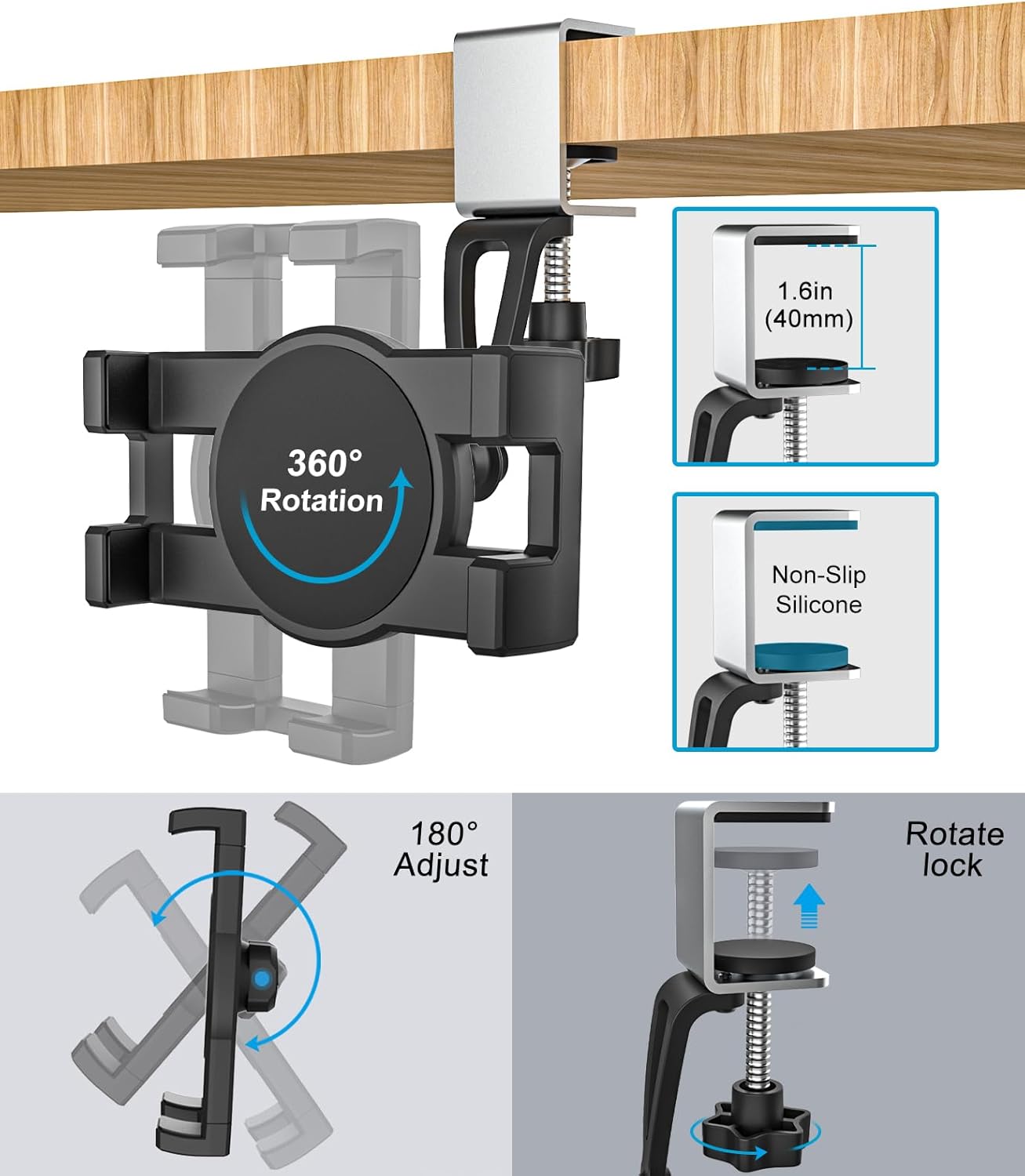 GDZN 360 11 12.9 4-13" Kitchen Cabinet Tablet Holder, [C-Shaped Metal Clamp] Under Cabinet Tablet Mount with Rotation