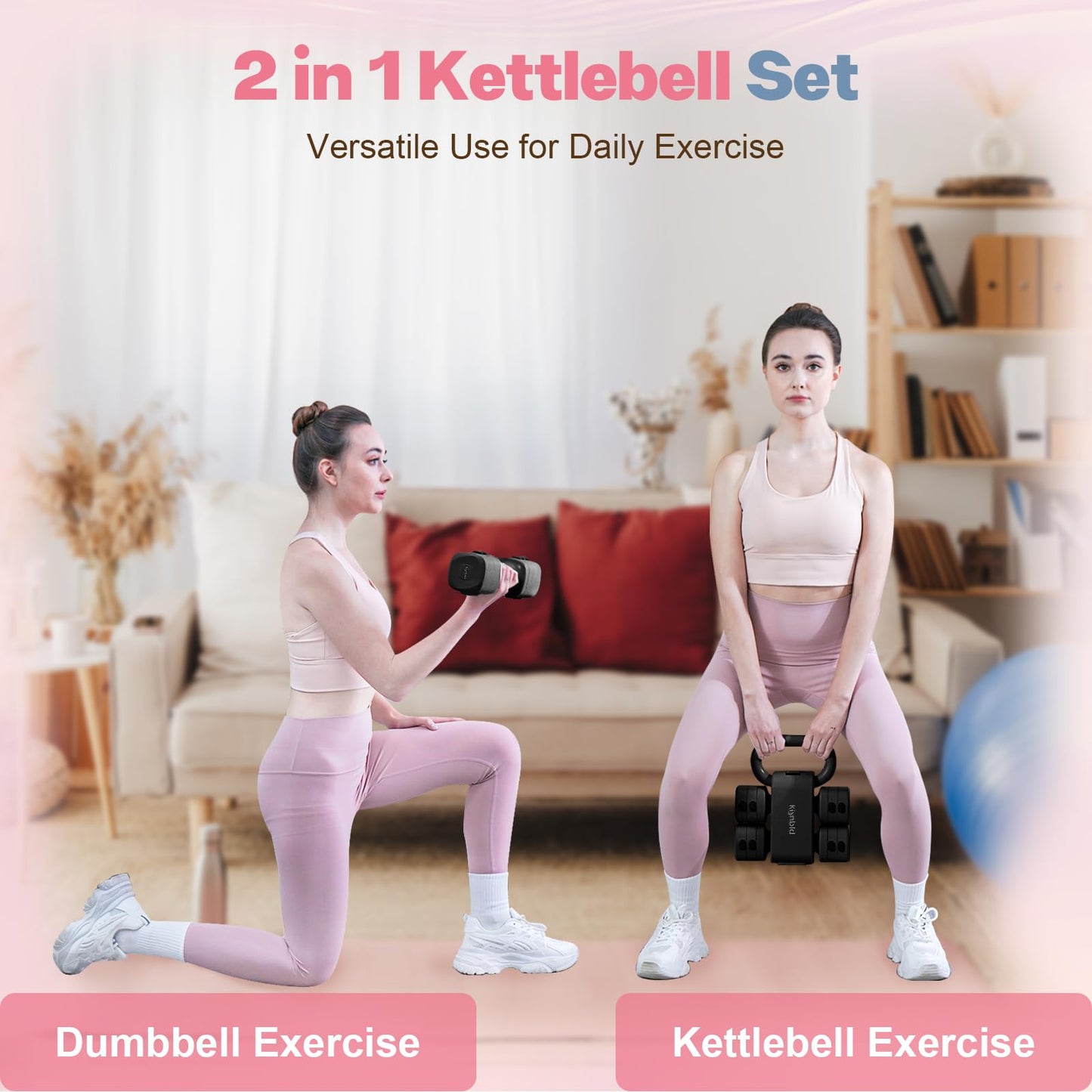 kisnbld Adjustable Dumbbell Set of 2, 2 in 1 Free Weights Dumbbells & Kettlebell Set for Women with Fast Adjustment, Each 2lb 3lb 4lb 5lb Hand Weights Set for Home Gym & Outdoor Exercise Training