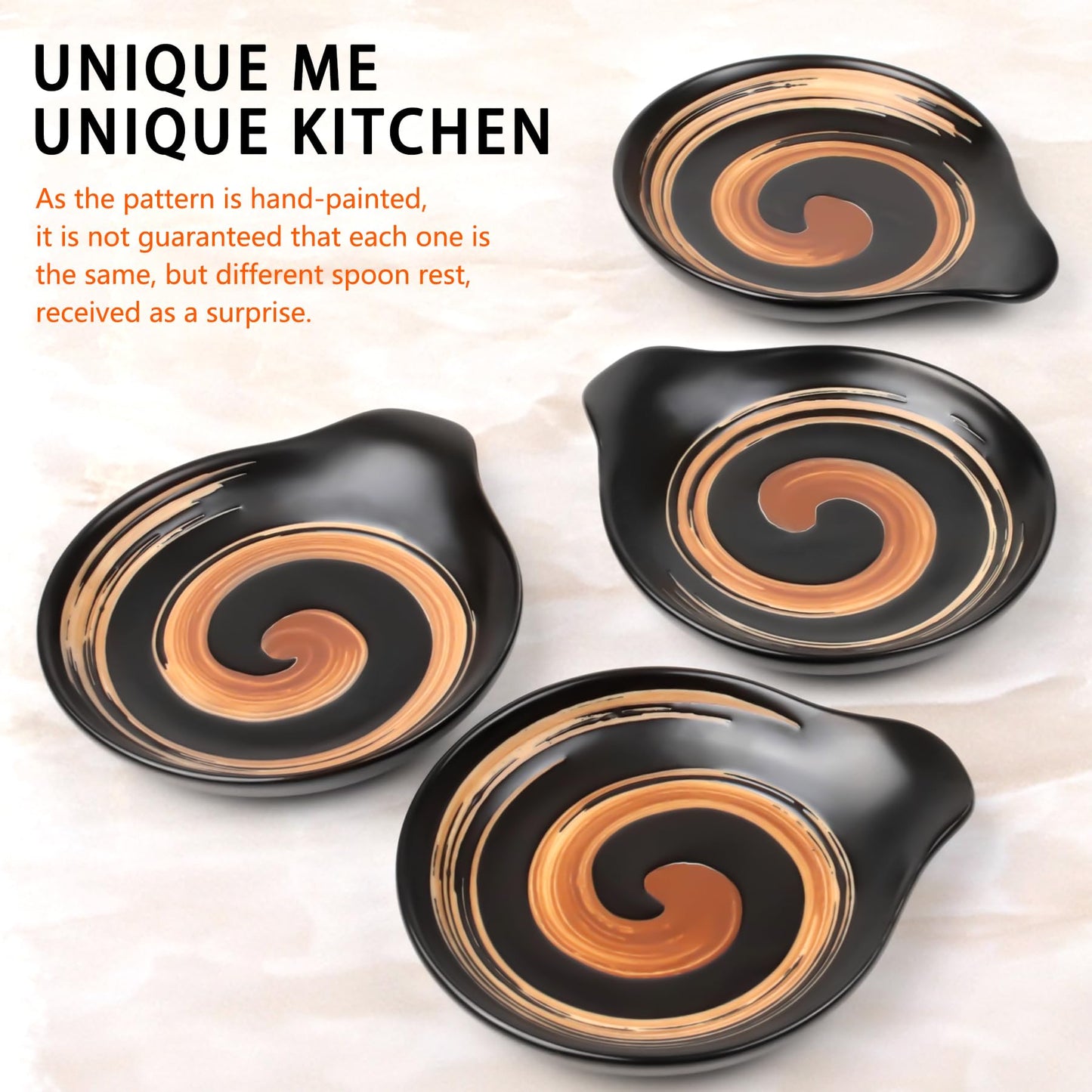 VanlonPro Ceramic Spoon Rest, 5 Inch Spoon Holder for Stove Top, Kitchen Counter, Utensils, Ladle, Coffee Spoons, Cooking spoons, Spatula, Housewarming Gifts, Black & Hand-painted Swirl