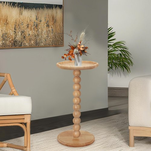 FASNAHOK Drink Table, Boho Rattan Flower Small Side Table for Small Spaces, Solid Wood Modern Nightstand for Living Room, Bedroom, Farmhouse, Corners