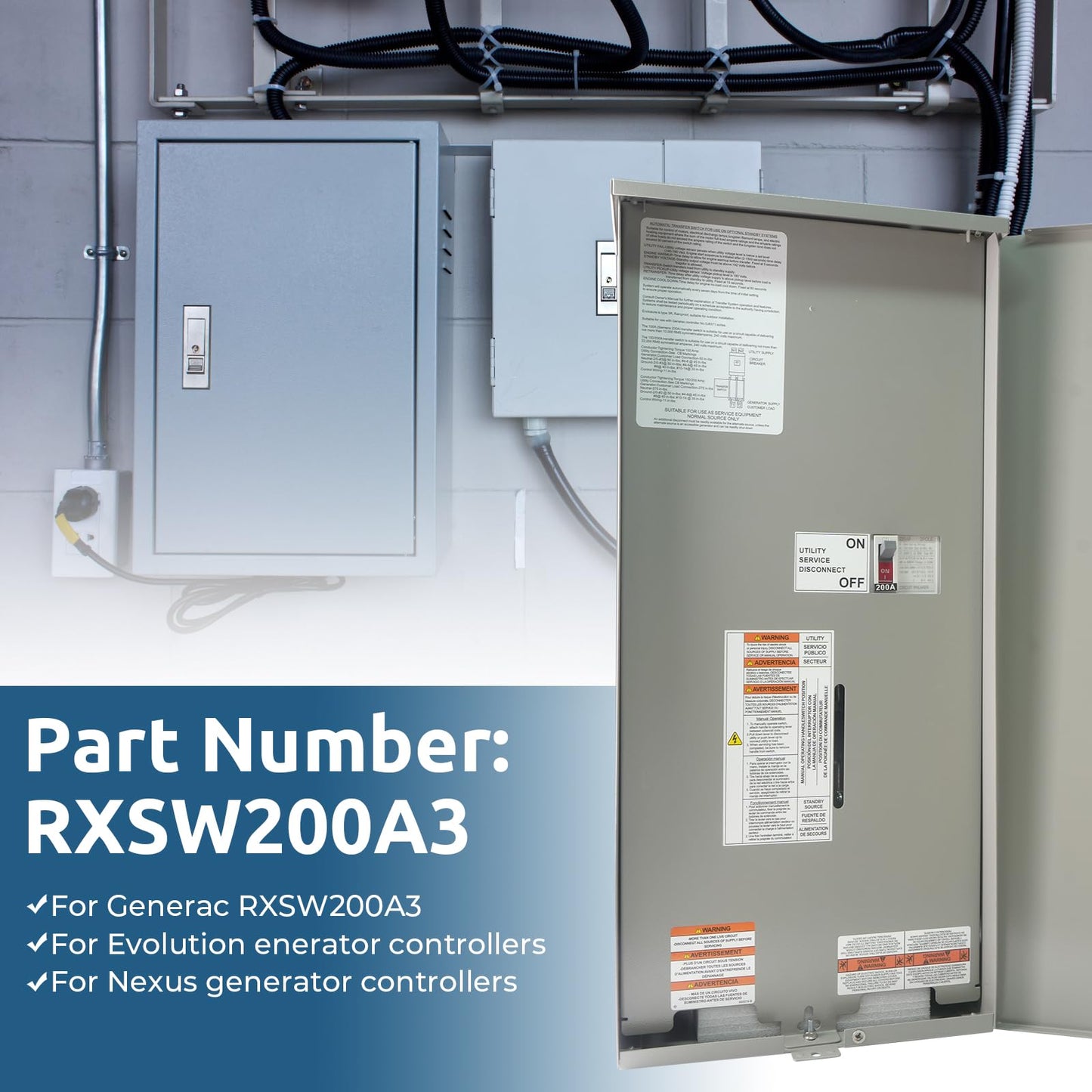 RXSW200A3 200 Amp Automatic Transfer Switch w/Power Management Replacement for Generac, Service Entrance Rated, NEMA 3R Aluminum Enclosure