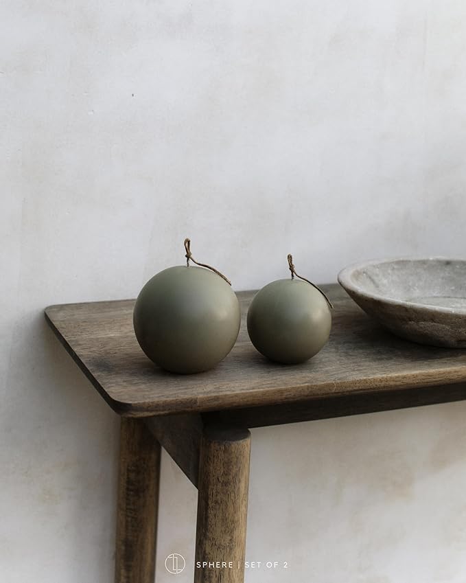 LAWA Set of 2 Sphere Candle - Beautiful Handmade Pillar Scented Soy Wax Elegant Aesthetic Candle Housewarming Gift Home Room Shelf Decor Idea (Earthy Green, Set of 2)