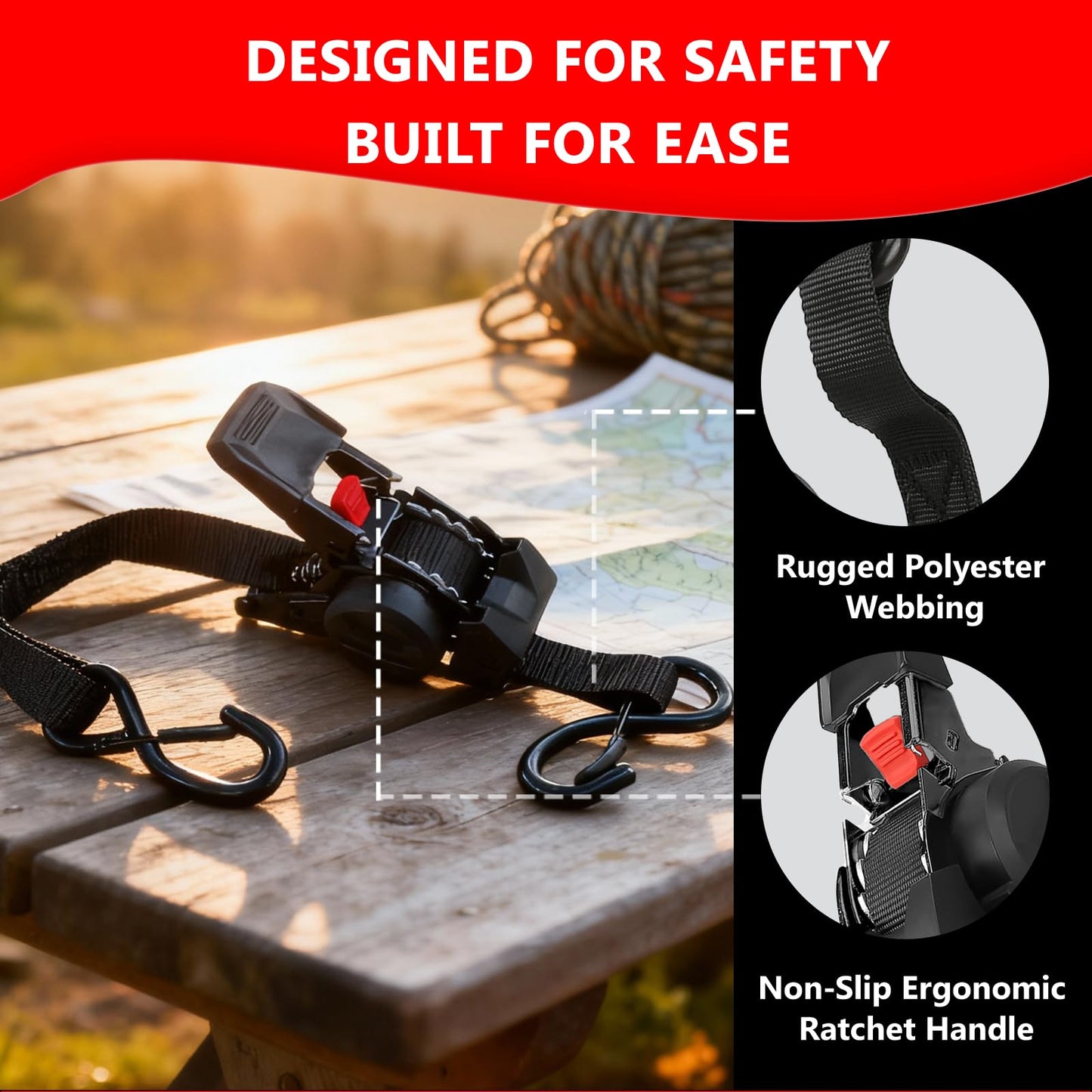 Retractable Ratchet Straps (4 Pack) - 1" x10 ft Heavy Duty with Auto Retract, Safety Lock Hooks & 1650 lb - Soft Loops + Bungee Cords for Truck, Trailer, Motorcycle, ATV, UTV, Moving
