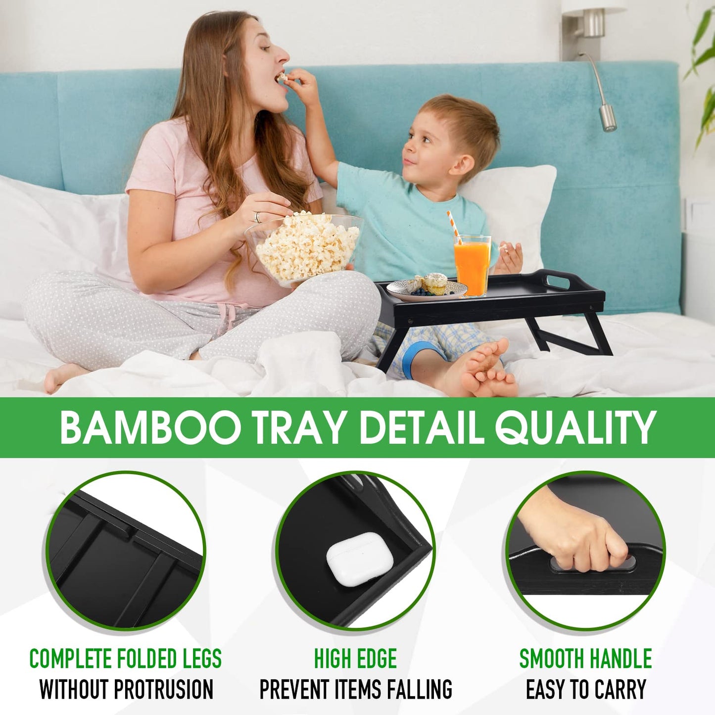 Bed Tray Folding Legs with Handles Breakfast Food Tray Table for Sofa Eating,Drawing,Platters Bamboo Serving Lap Desk Snack Tray