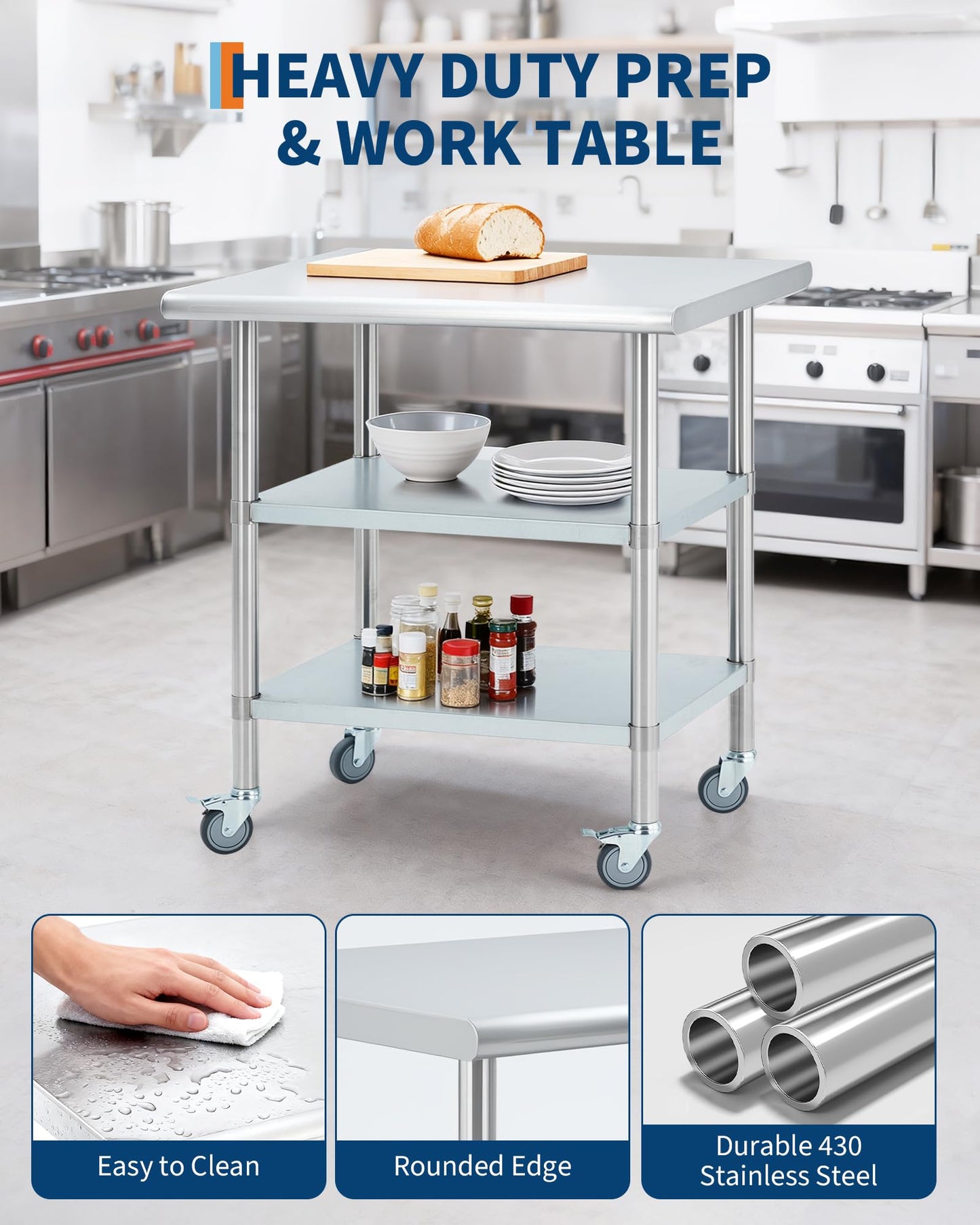 Garvee Stainless Steel Table for Prep & Work, 24x30x34 Inch Commercial Kitchen Worktable with 4 Caster Wheels & 2 Adjustable Under Shelf, Heavy Duty Metal Food Prep Table for Restaurant Garage Outdoor