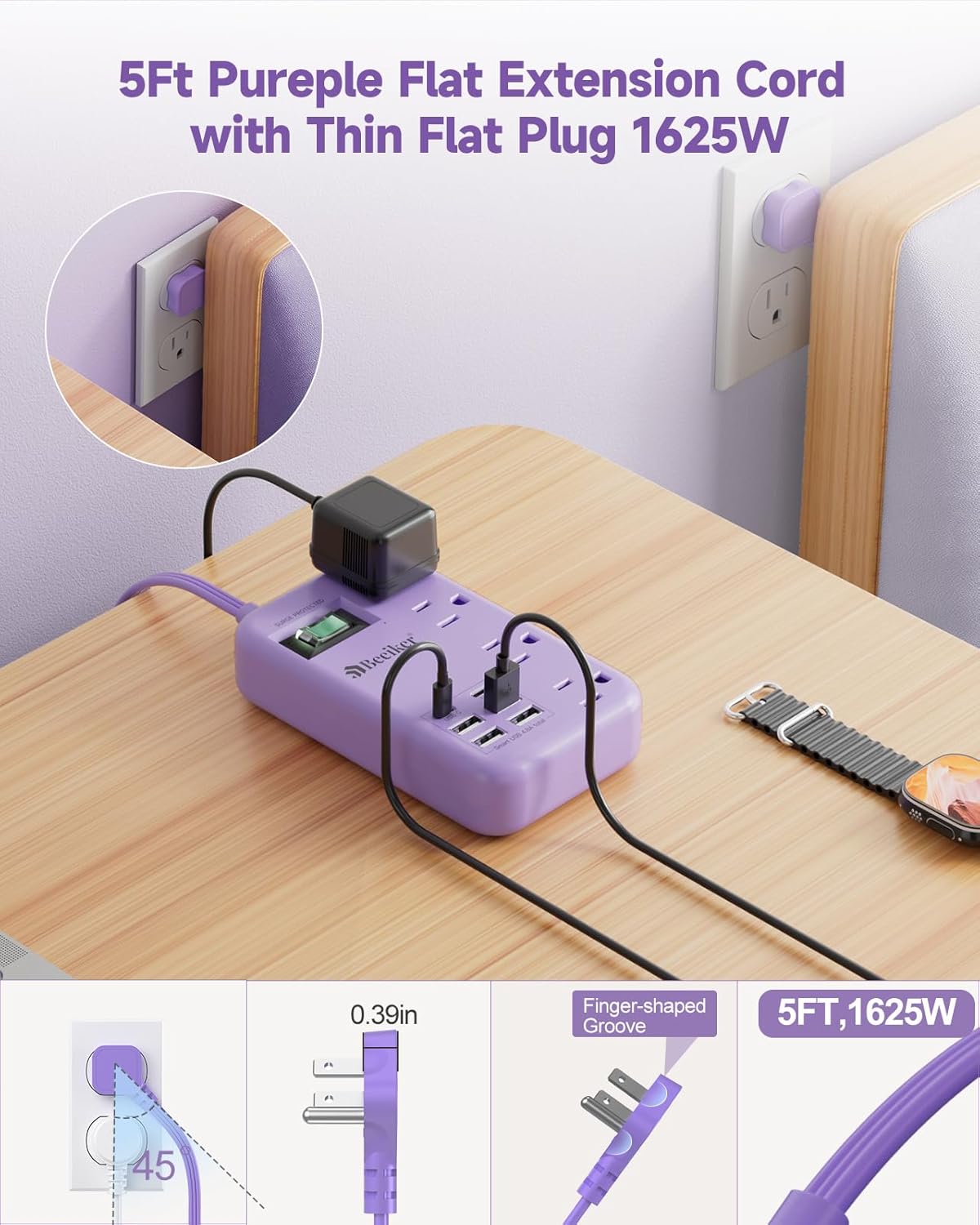 Beeiker 6 USB(2 5Ft 24W 4 USB C) Purple Travel Power Strip- Lavender Extension Cord with USB Charging Station