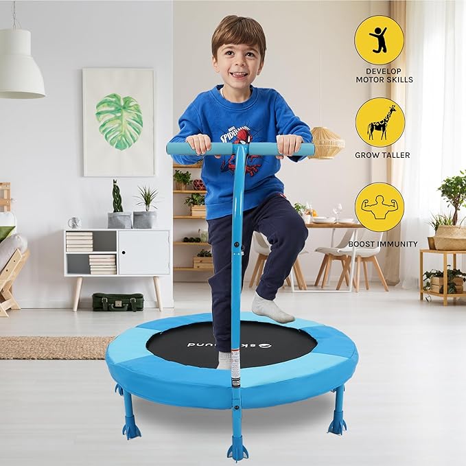 SkyBound 36 Inch Indoor Trampoline for Kids - Kids Trampoline Indoor with Handle - Toddler Trampoline with Upgraded 2.0mm Steel Pipe and Handlebar - Mini Indoor Trampoline for Kids Age 3 and Above