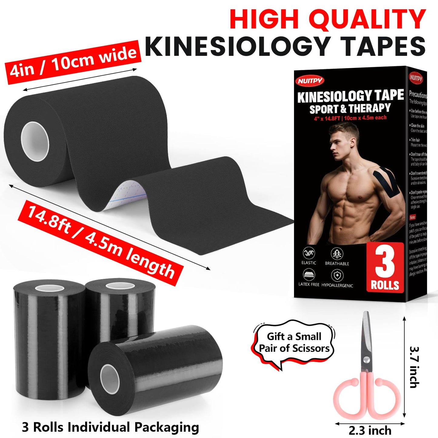 3 Rolls Kinesiology Tape, 4 inch x 14.8 Feet Waterproof Athletic Tape, Uncut Kinetic Tape, Elastic Muscle Tape, Sports Tape, Knee Tape for Exercise and Daily Use - Black