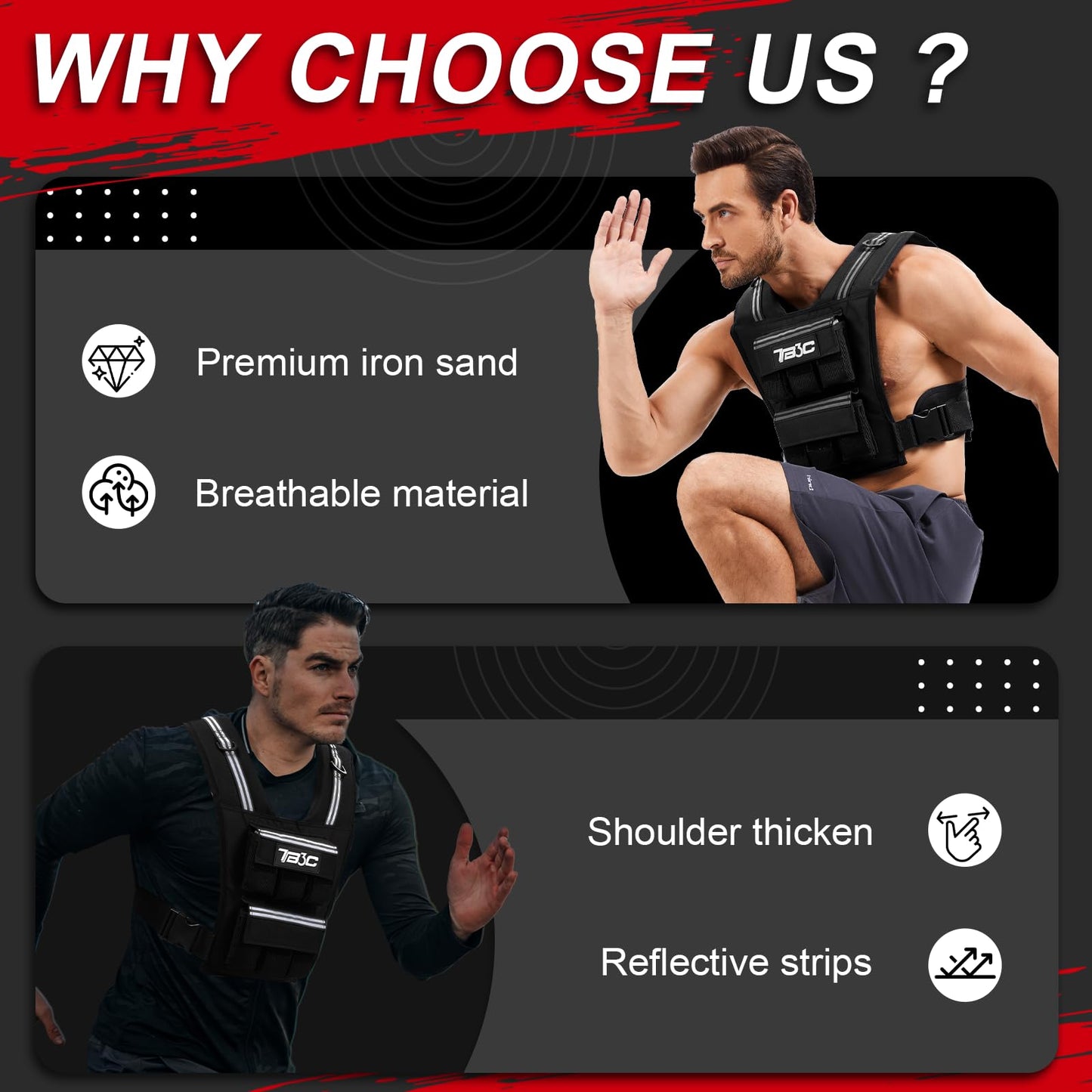 TB3C Adjustable Weighted Vest Men & Women, 30lbs with Reflective Stripe, Workout Vest for Home Gym, Cardio, Strength Training & Weight Loss