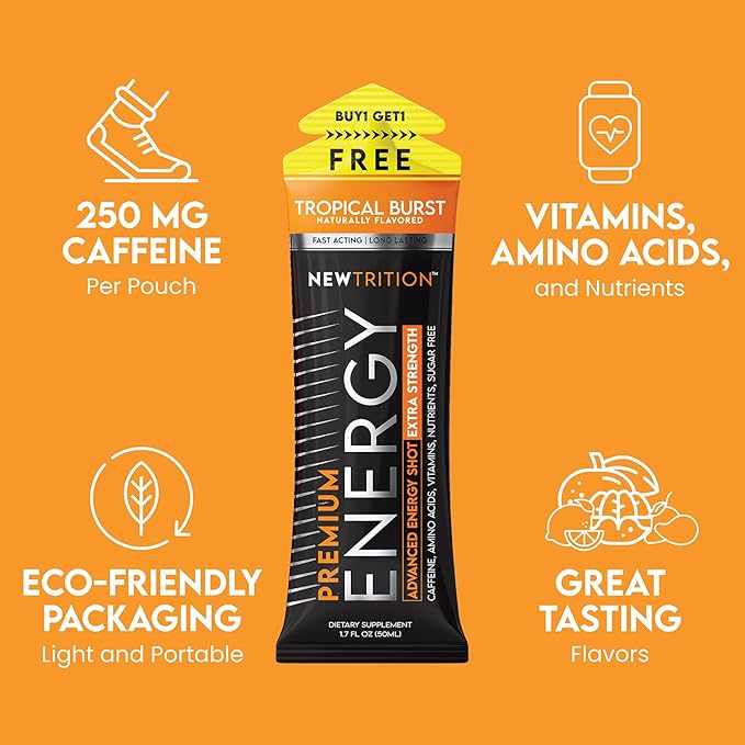 NewTrition® Extra Strength Energy Shots, 250mg Caffeine Energy Shots with Vitamin B & Amino Acids, Sugar-Free Vitamin Energy Shot, 1.7 fl oz (Pack of 6, Tropical Burst)
