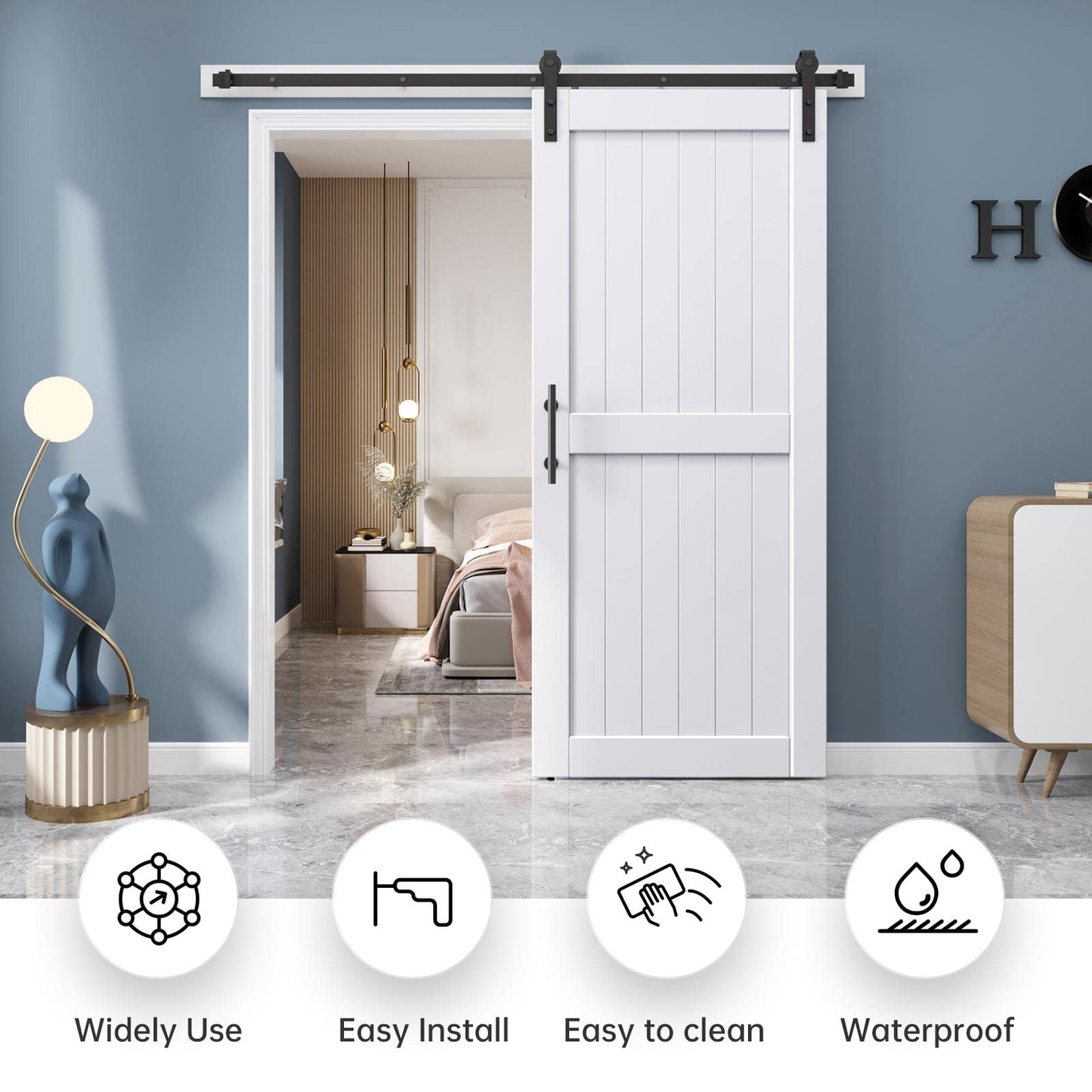 EaseLife 36 x 80 inch White Barn Door with 6.6FT Sliding Door Hardware Kit Included & Handle,Solid Wood Covered with Waterproof PVC Surface,DIY Assemblely,Easy Install,H-Frame,Fit 32-34in Wide Opening