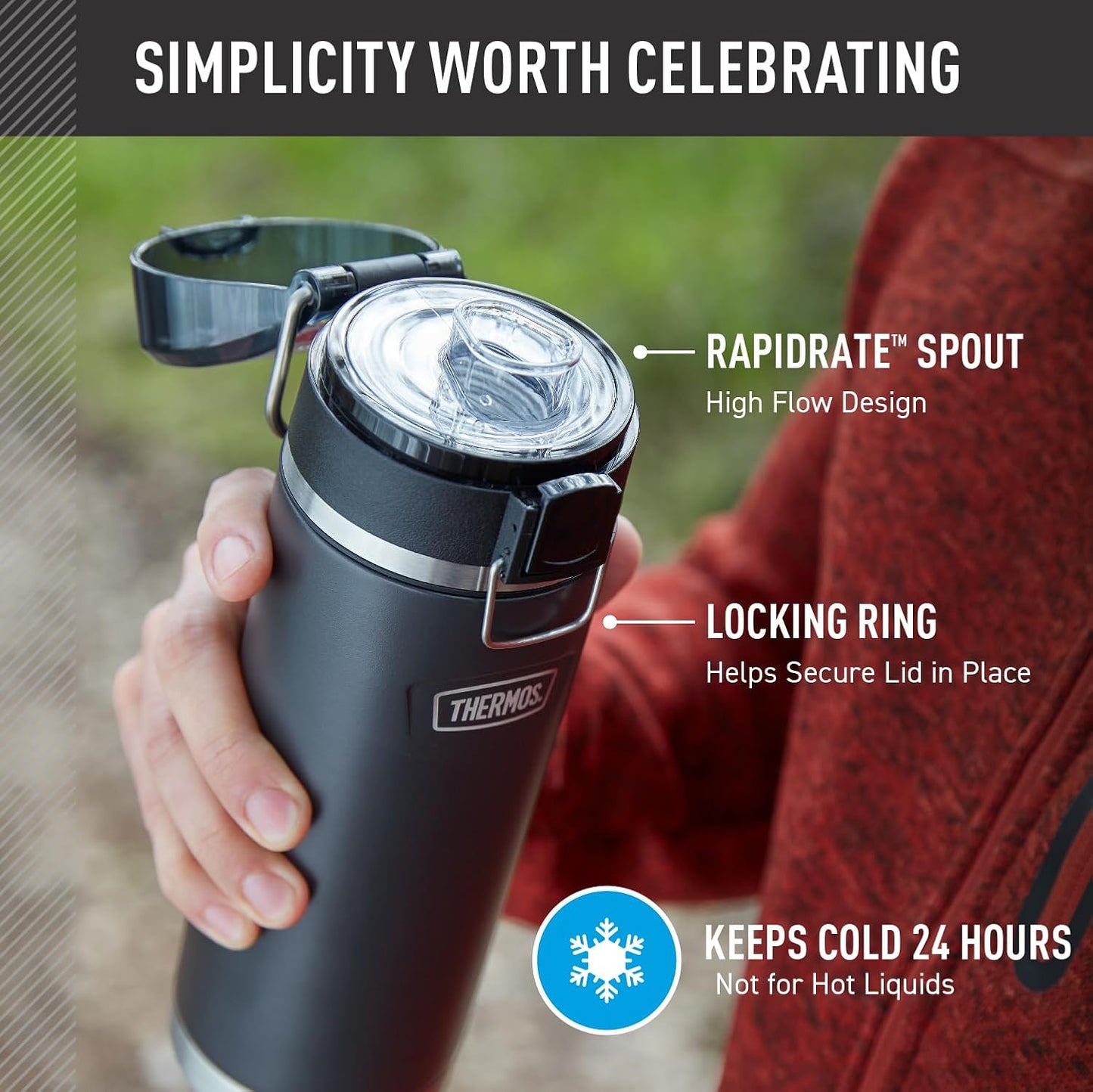 THERMOS ICON SERIES Stainless Steel Water Bottle - 24 Ounce, Granite | Vacuum Insulated with Spout Lid