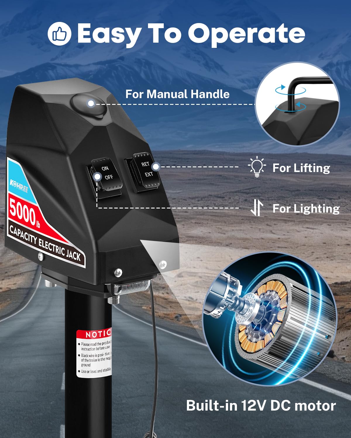 Kohree Electric Trailer Jack 5000lbs, Heavy Duty A-Frame Electric Power Tongue Jack with Waterproof Cover & LED Light for Travel Trailers, Camper, RV, 12V DC with Wiring, 9.8"-31.7" Lift