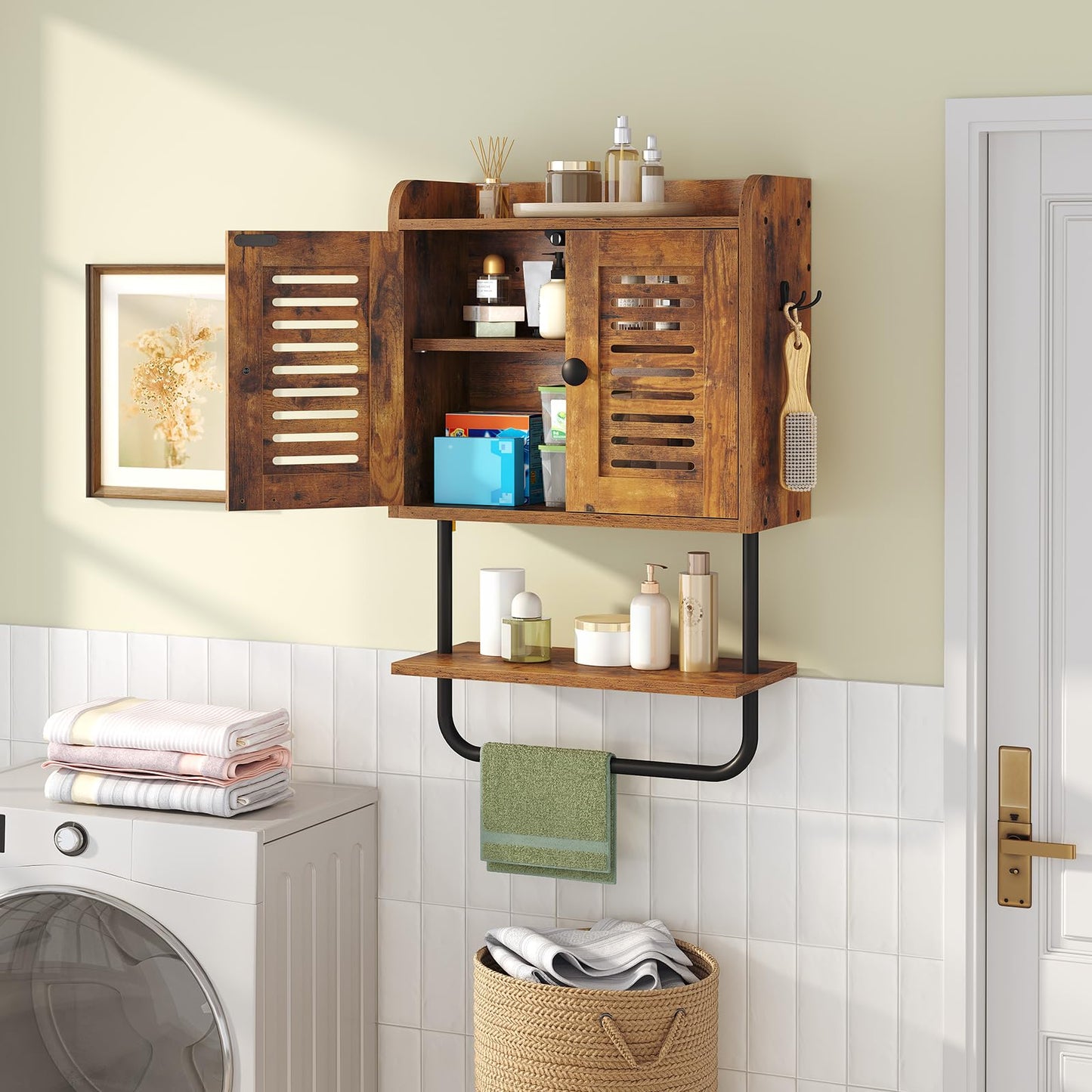 HOOBRO Bathroom Wall Cabinet, Double Doors Medicine Cabinet with Towel Bar, Adjustable Shelf, 2 Hooks, Over The Toilet Storage Cabinet, for Bedroom, Kitchen, Rustic Brown BF46CW01