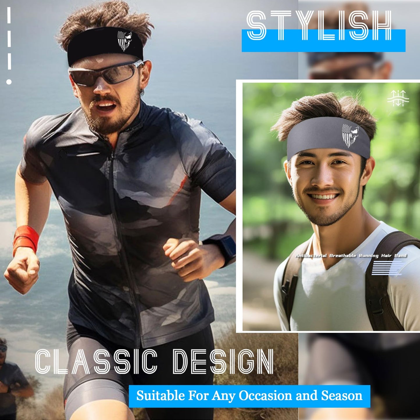 Sweat Bands Headbands Men Sport Headbands Sweatbands for Men 3 Pcs American Flag Skull Cooling Headband Mens Workout Head Bands for Sweat Elastic Hairband for Running Tennis Gym Hiphop