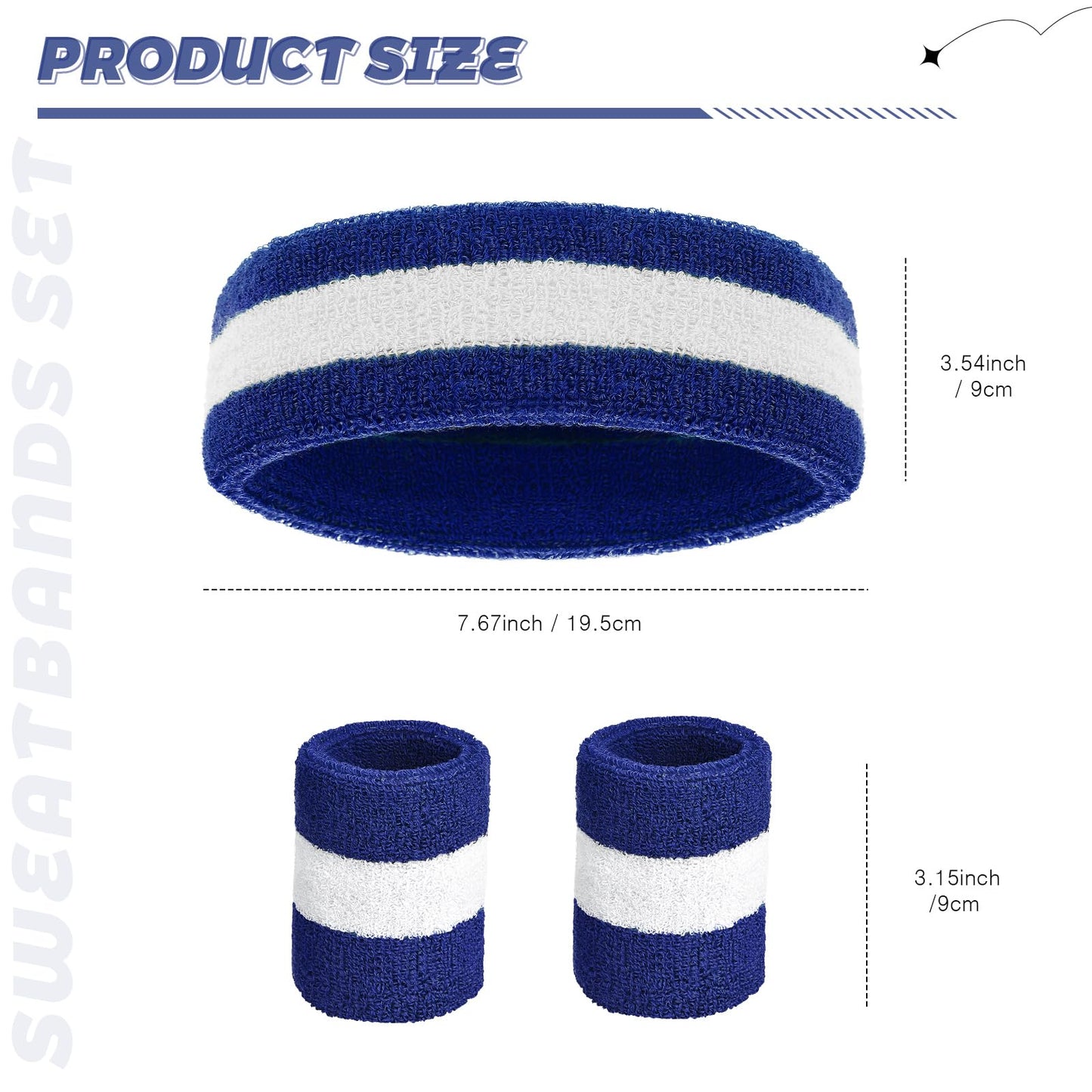6 Pcs Terry Cloth Sweatbands Set - 2 LGBT Pride Headbands, 4 Rainbow Wristbands for Men, Women, Gym, Sports (Blue and White Striped)