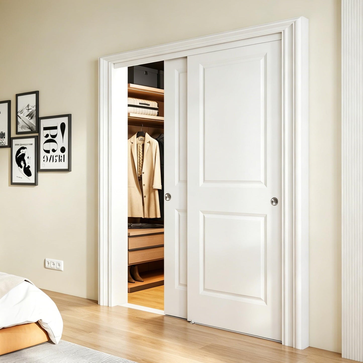 JUBEST 60x80 in Sliding Closet Door, Raised 2-Panel Square Top White Primed Hollow Core Door Slab with Hardware Kits & Matching Fascia, Pre-drilled & Paintable, Space-Saving for Bedroom Laundry