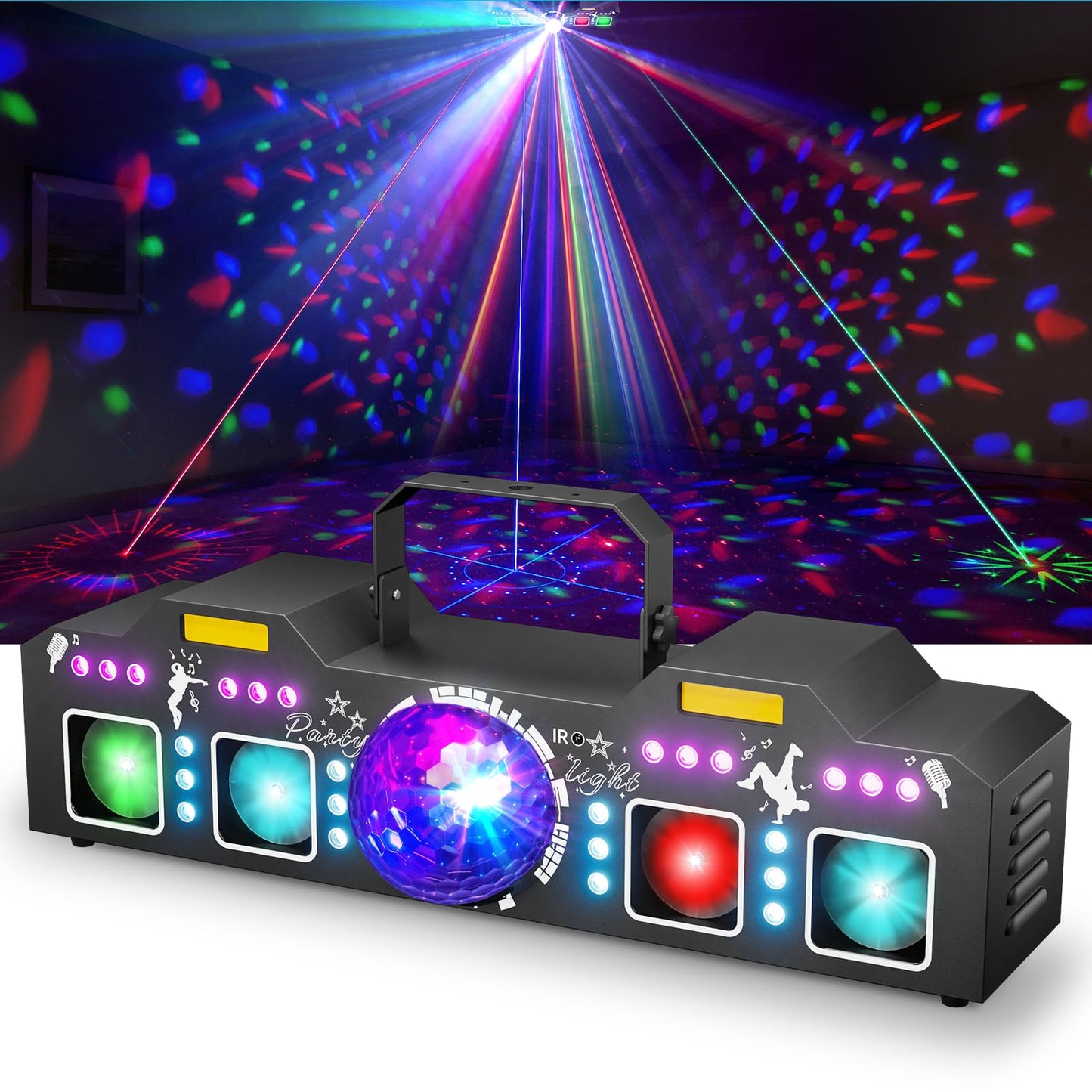EYTSE DJ Lights for Parties, Pro 8 in 1 DMX512 Laser Light Show with Disco Ball Light, RGB and Gold Strobe,UV Black Lights-Sound Activated LED Lighting for Home, Karaoke, Clubs, Gigs, and DJ Lighting