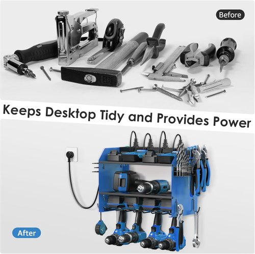 CCCEI Modular Power Tool Organizer - Wall Mount Charging Station with Hooks & 8 Outlet Battery Holder - Blue, 1 Pack