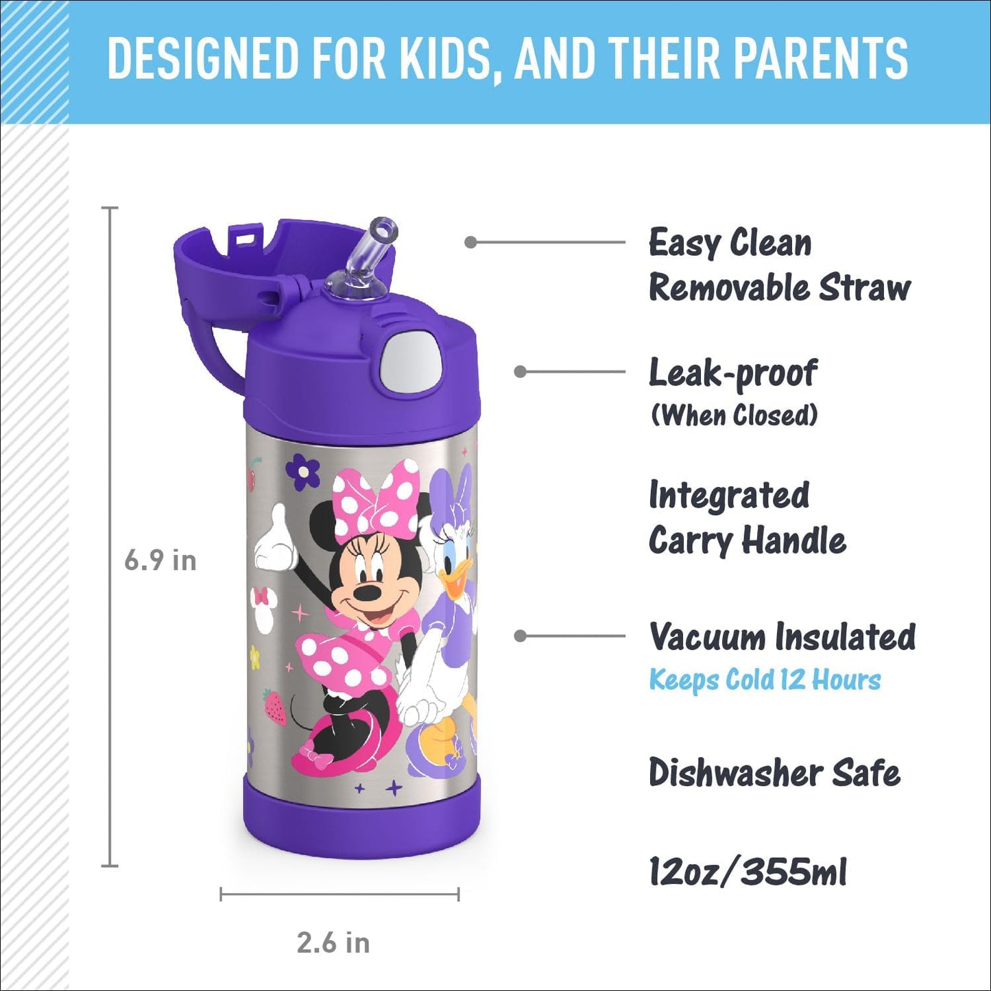 Thermos Funtainer 12 Ounce Stainless Steel Vacuum Insulated Water Bottle - Minnie Mouse Design