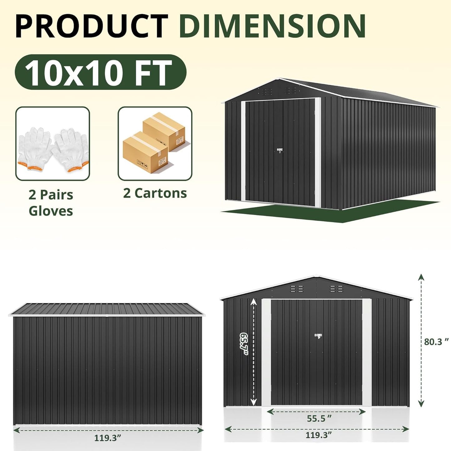 AirWire 10x10 FT Storage Shed, Garden Shed with Updated Frame Structure and Lockable Doors, Metal Tool Sheds for Backyard Garden Patio Lawn, Grey