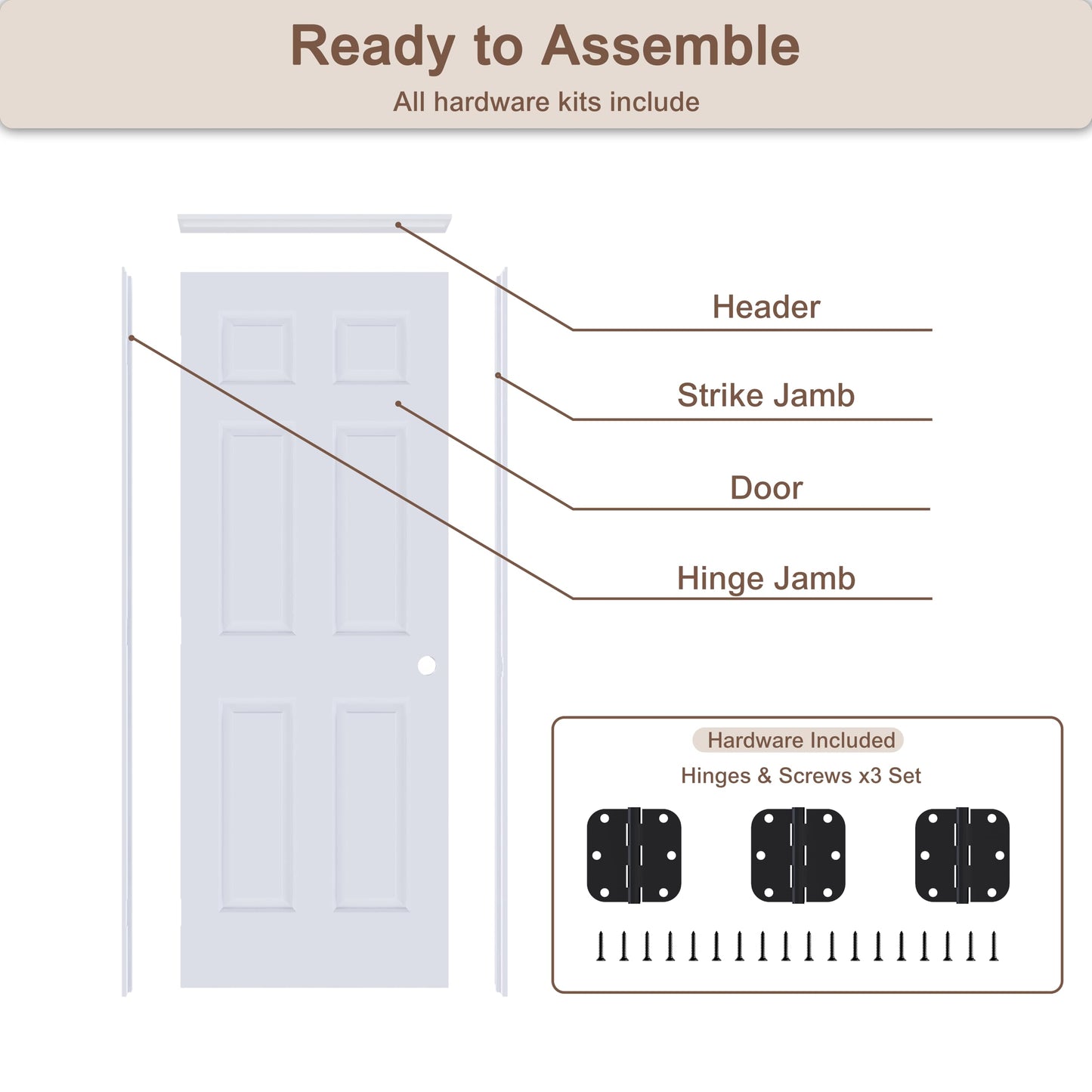 JUBEST 30"x80" Right-Hand Prehung Interior Door with Knock Down Jamb Kit & Matte Black Hinges, 6-Panel White Primed Hollow Core Molded Door Slab with Bore & Hinge Cutout, Durable & Sturdy, No Handle