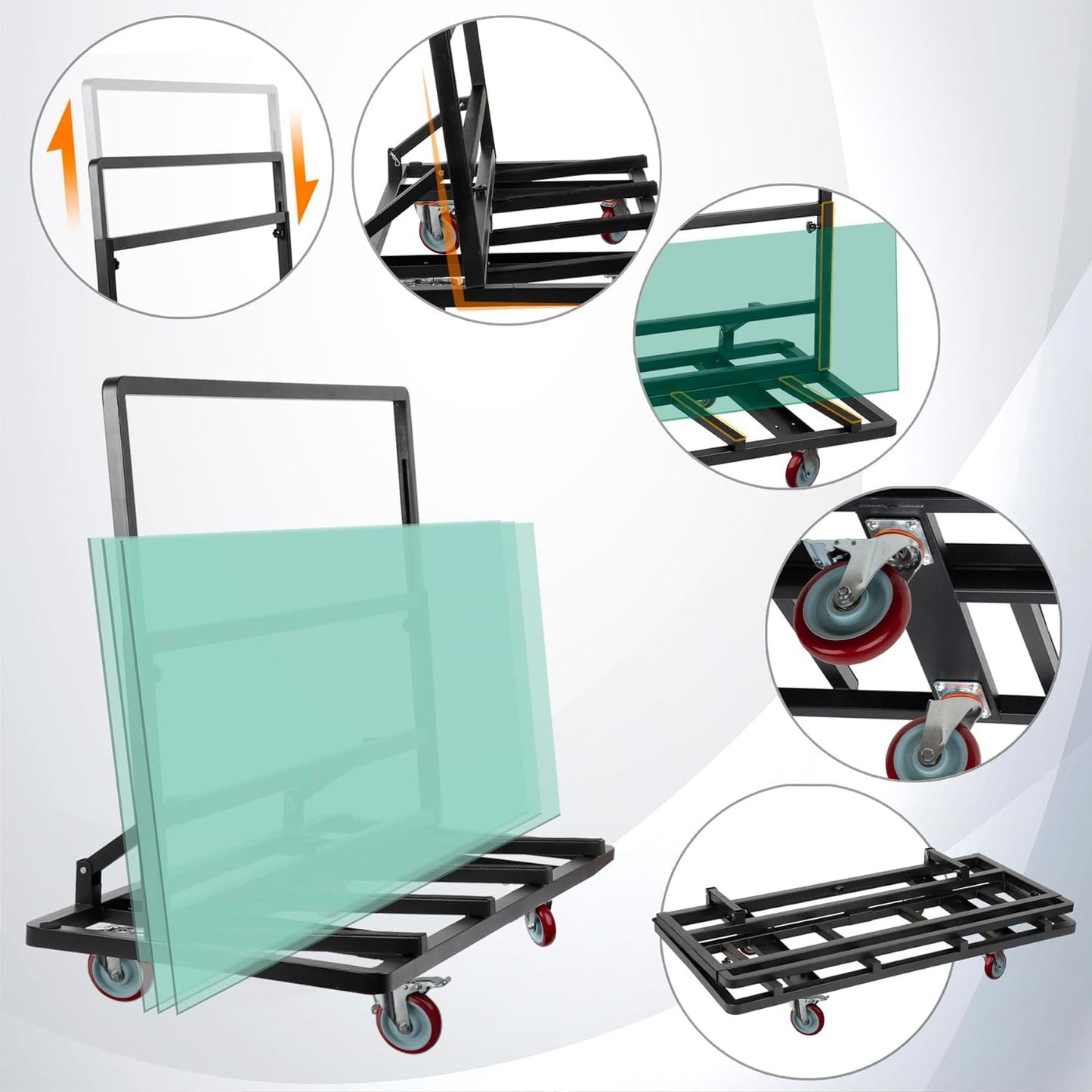 Eastrexon Folding Drywall Dolly w/ 5" Swivel Casters, 44.5" x 22" x 40" Plywood Cart w/ 2000 LBS Load Capacity, Portable Panel Truck Cart for Handling Plywood, Plasterboard, Glass