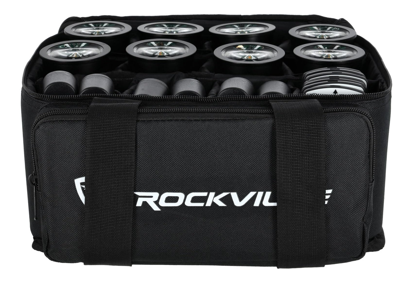 Rockville 8 Pack MINI Halo Black DJ Wash Lights + Bag, Wireless DMX, 17 Hour Battery, Wireless DMX, RF Remote