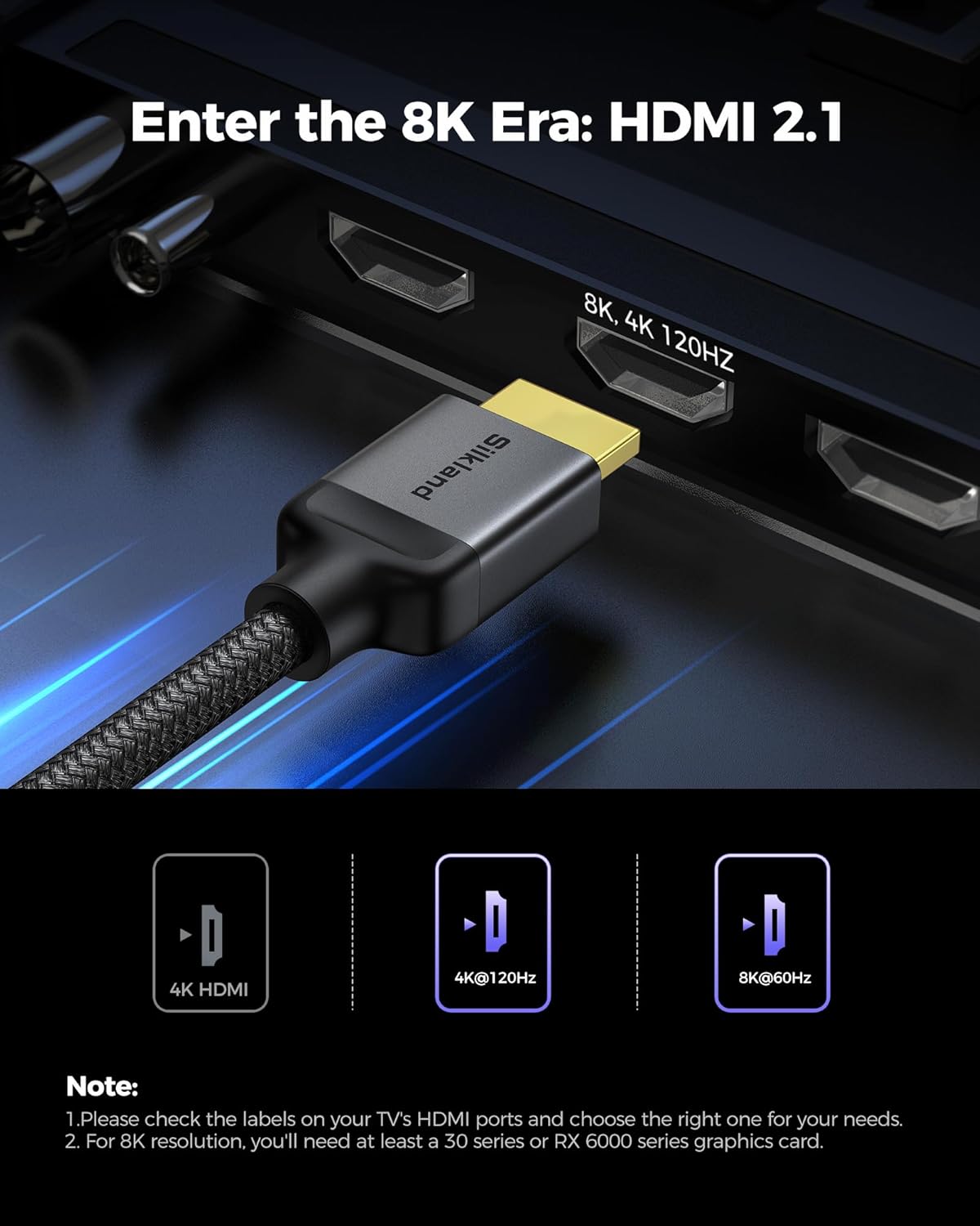 10K 8K 2.1 2-Pack 3.3FT, 2.1 [8K@60Hz, 4K@120Hz] Dolby 48Gbps, Silkland HDMI Cable Certified Ultra High Speed HDMI