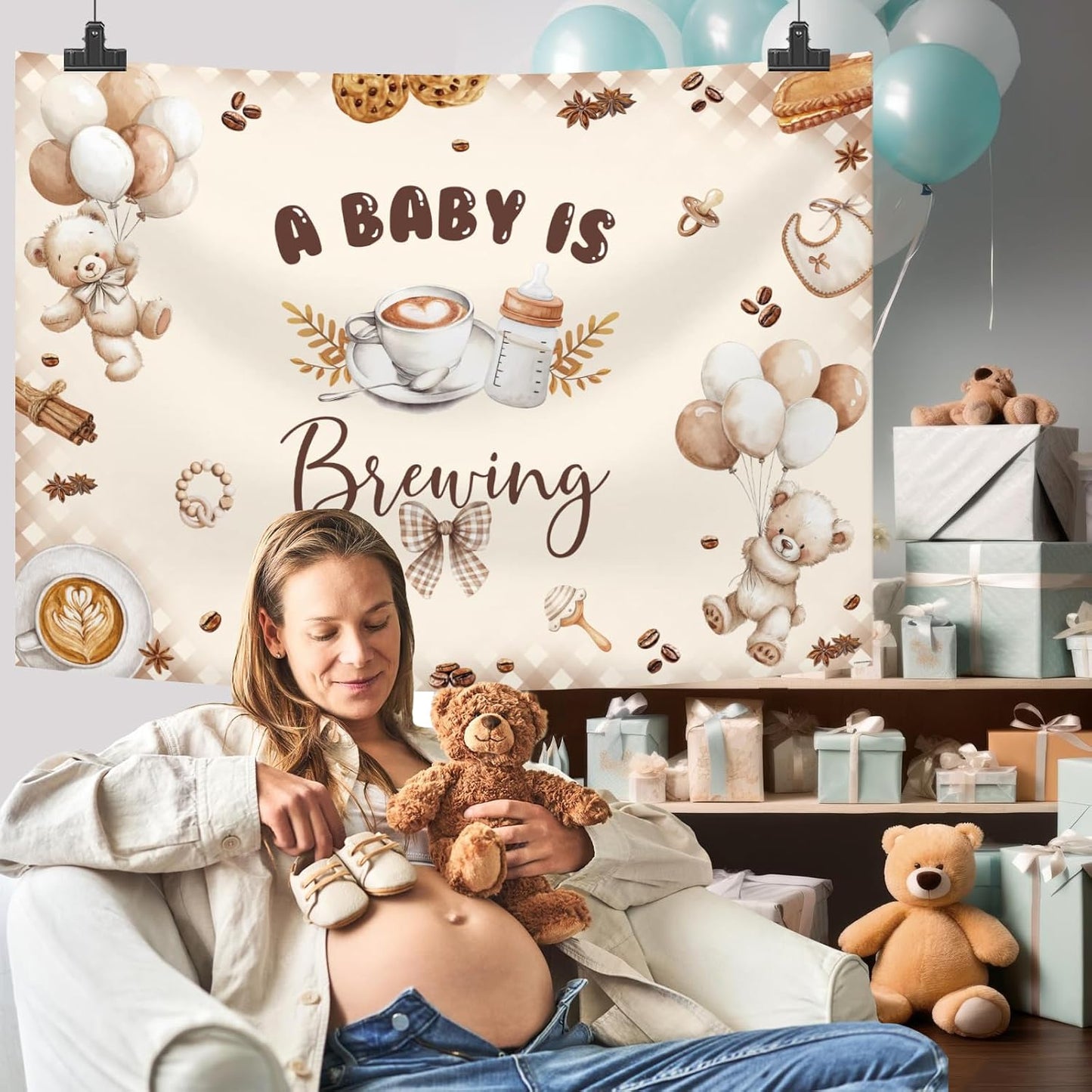 Generic 10x7ft A Baby is Brewing Baby Shower Backdrop Brown Coffee Baking Theme Cute Bear Background Feeding Bottle
