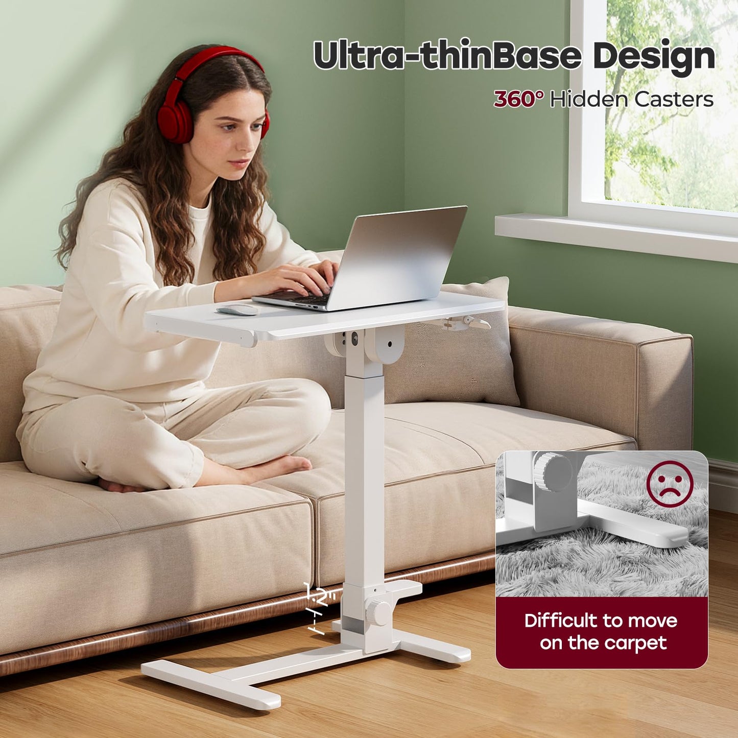 JYLH JOYSEEKER Foldable Mobile Standing Desk, 27 Inch Small Rolling Laptop Cart Height Adjustment, 90° Tiltable Bedside Table, No Assembly Needed Portable Computer Workstation, White