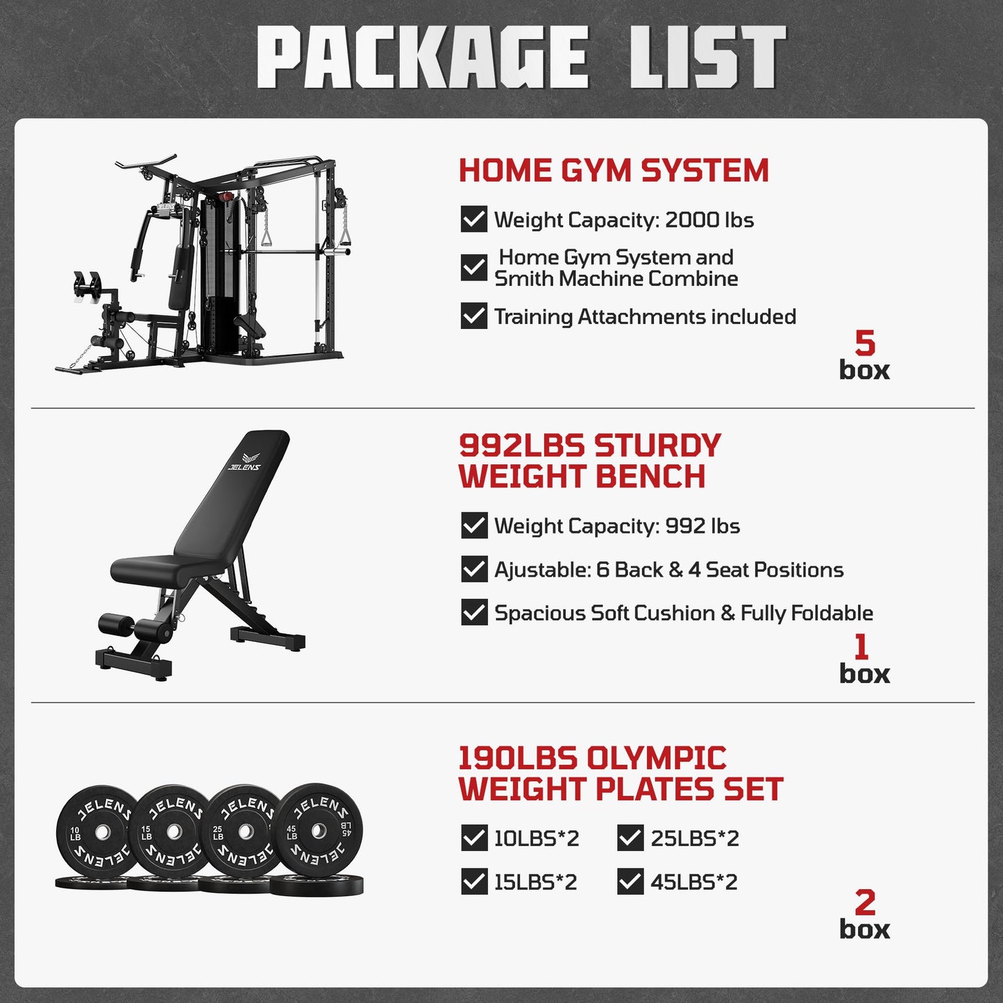 JELENS Home Gym System, 150LB Weight Stack Smith Machine with LAT Pull-Down & Leg Press, All-in-One Strength Training Equipment, Workout Station for Workout (Black, 190LBS Black Weights Package)