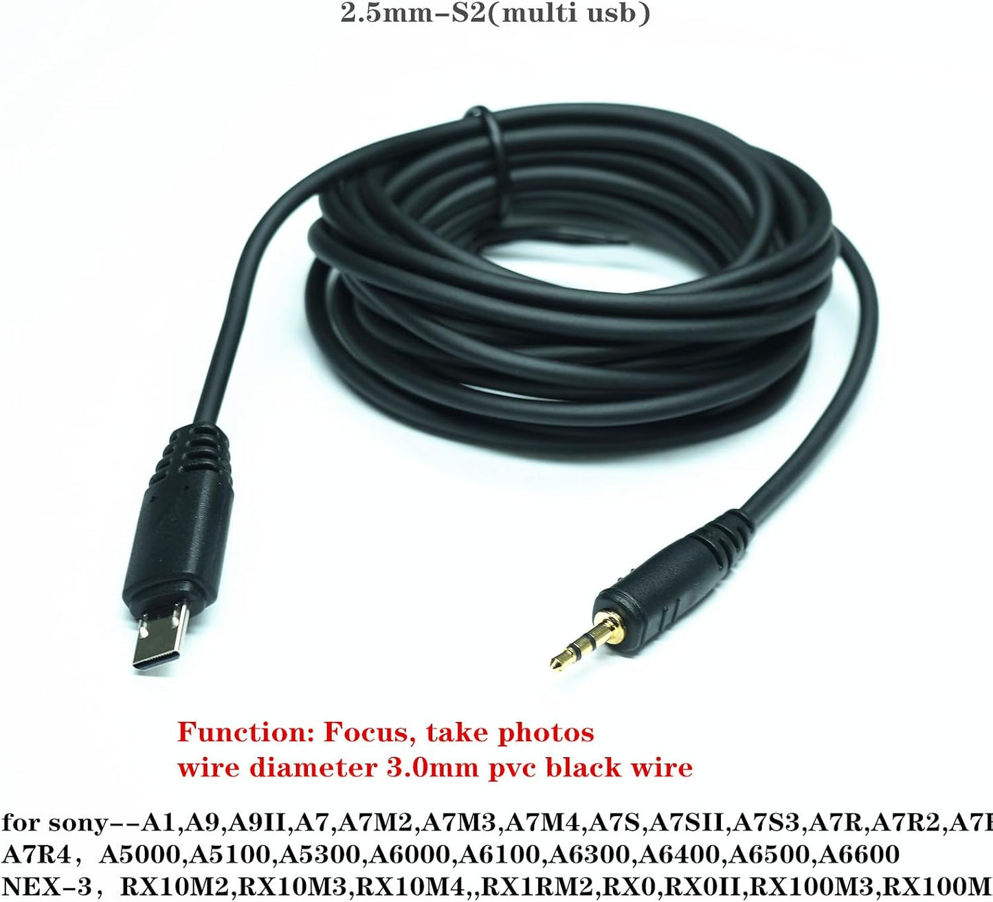 2.5mm-S2 300cm/ 118-inch (2.5mm-S2 118in/3m) Extension Cable Shutter Release Connection Cable (Multi USB) for Sony