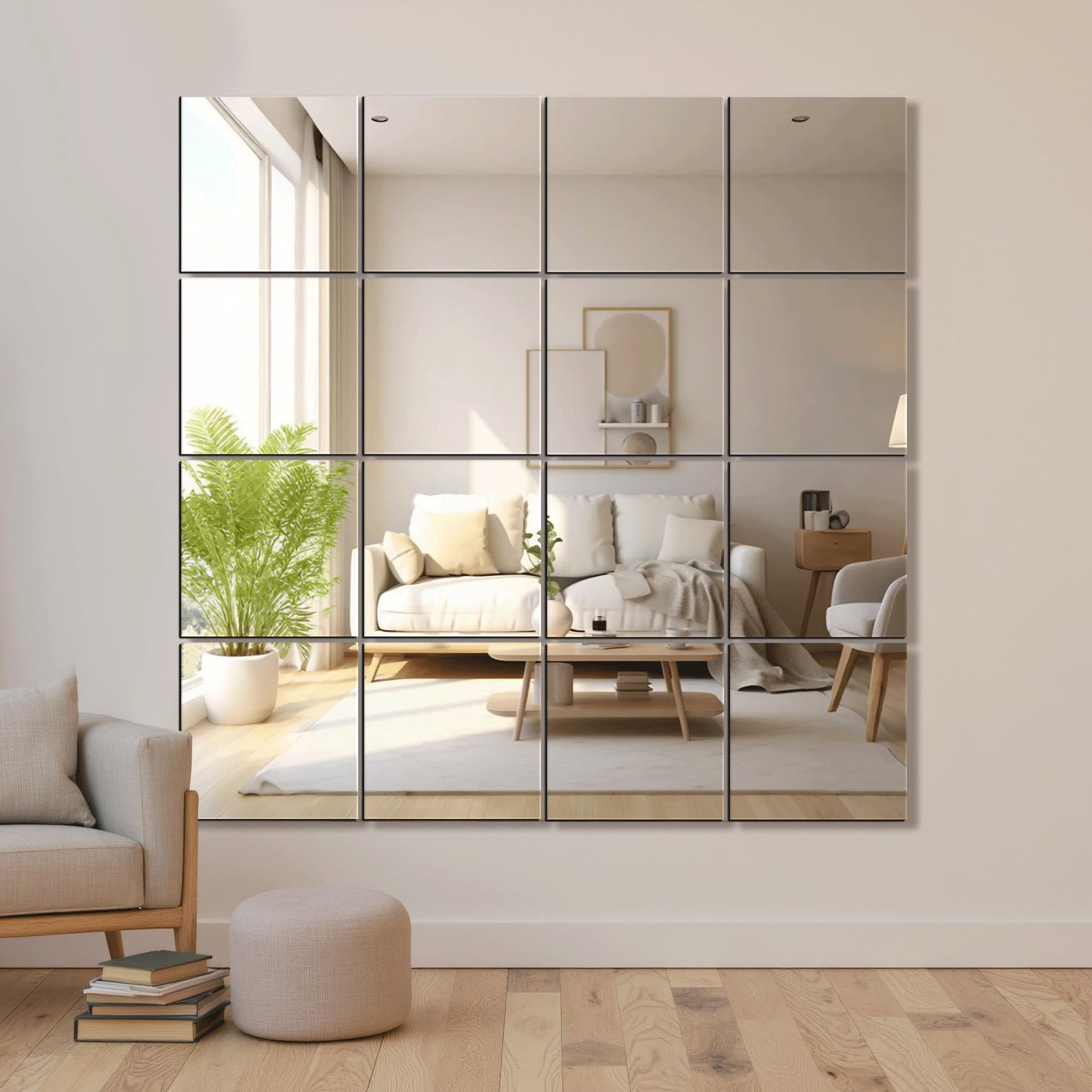 Delma Home Gym Mirrors, 12'' x 12'' Glass Mirror Tiles (16 PCS), Square Large Wall Mirror for Home Gym, Bedroom, Door,Bathroom, Frameless Mirror Sets