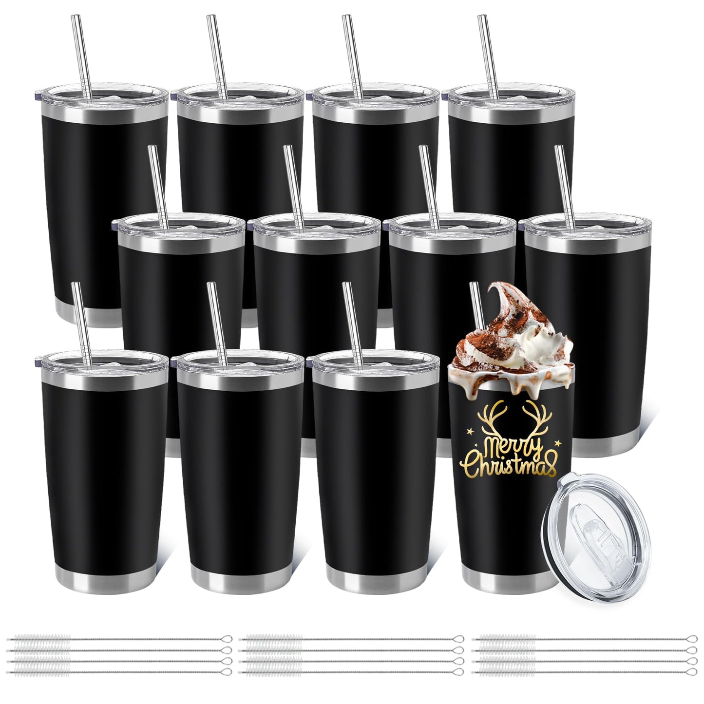 YOUKE OLA 12 Pieces Insulated Coffee Tumbler Blank Stainless Steel Double Wall Vacuum Travel Tumbler Cup with Lid and Straw for DIY Gift, Black 20oz