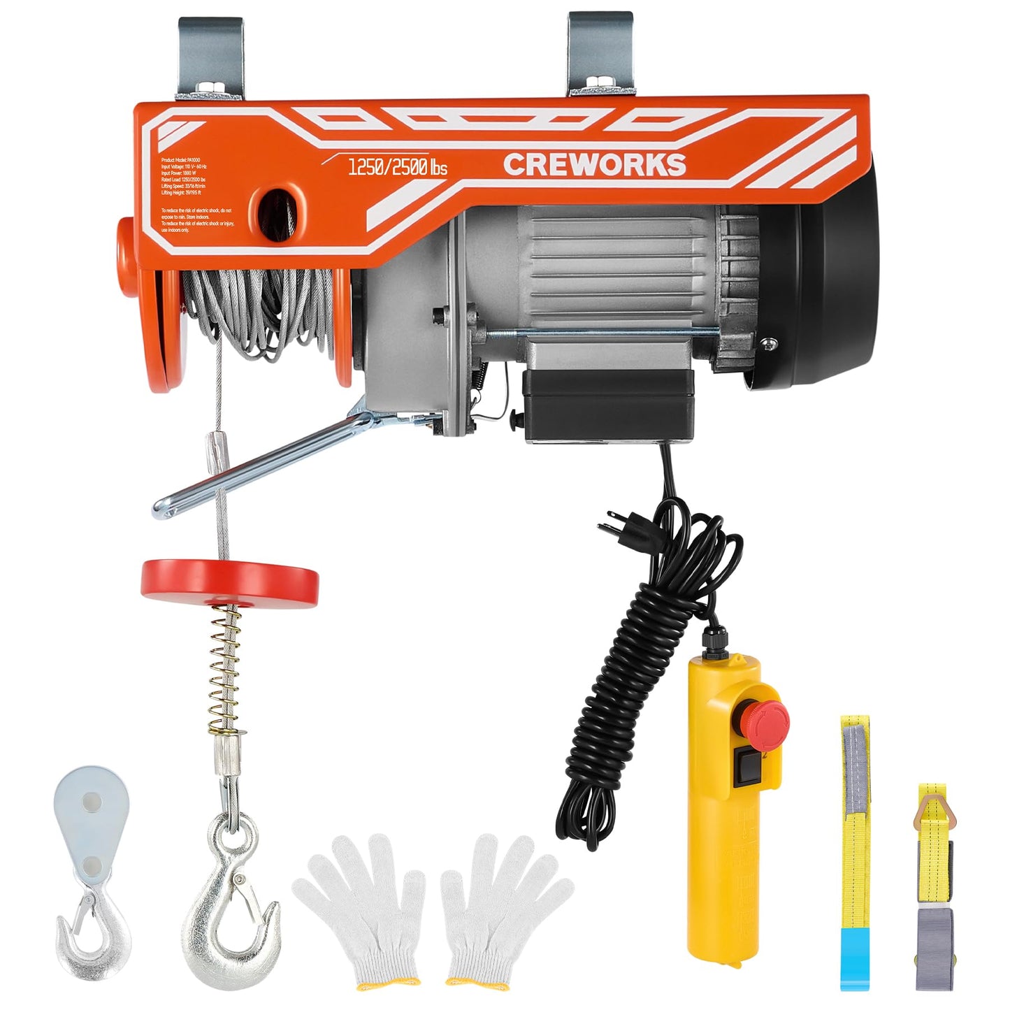 CREWORKS Electric Hoist, 2500lbs Electric Hoist with 16.4ft Wired Remote Control 39ft Single Cable Lifting Height, 1800W Single Double Slings Hoist Lift Ceiling Winch for Factory Warehouse Garage