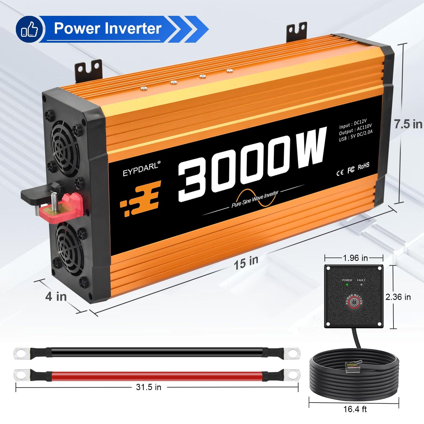 3000 watt Power Inverter Pure sine Wave 3000W 12v to 110v for car Vehicles Truck Camping Solar Panel Power Converter with Clamps and Remote car Power inverters 3000W