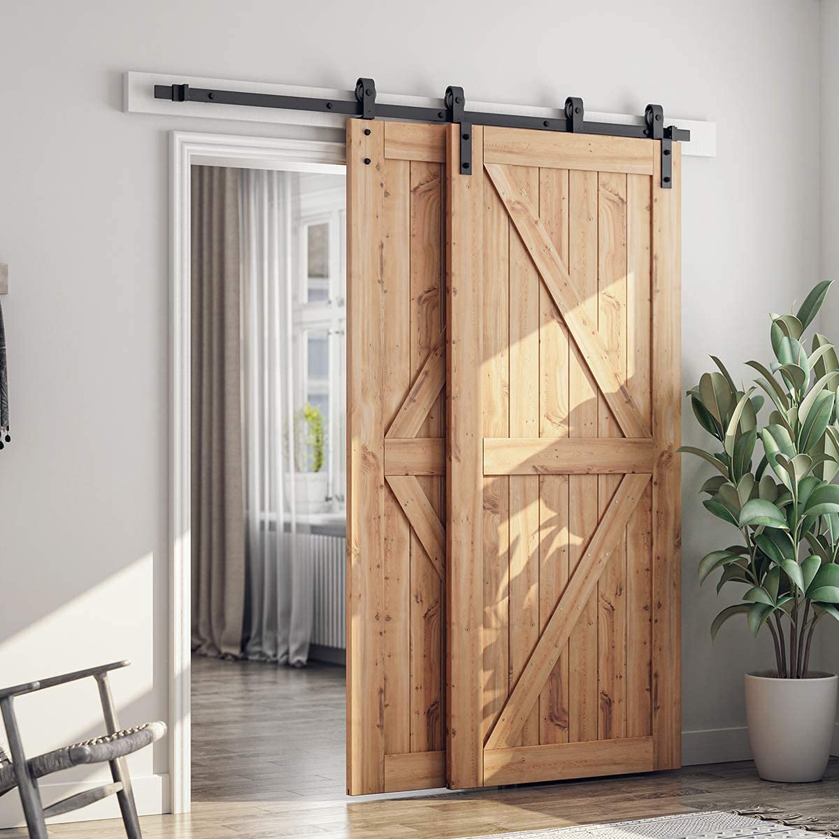 SMARTSTANDARD 6.6 Feet Bypass Sliding Barn Door Hardware Kit - for Double Wooden Doors-Single Track - Smoothly & Quietly - Easy to Install-Fit 67" Opening
